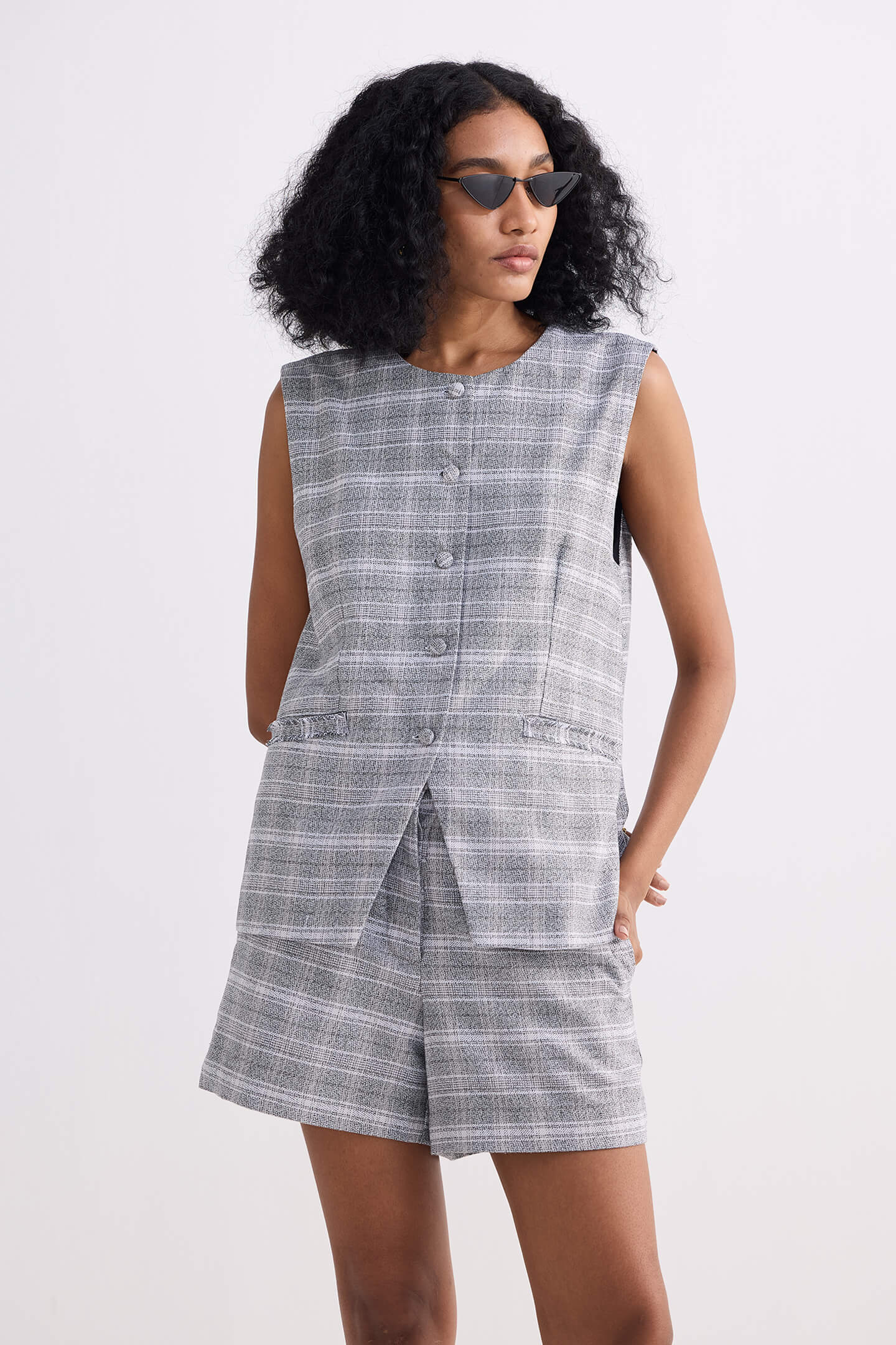 Cotton Tweed Vest Jacket Set in Grey Longshot