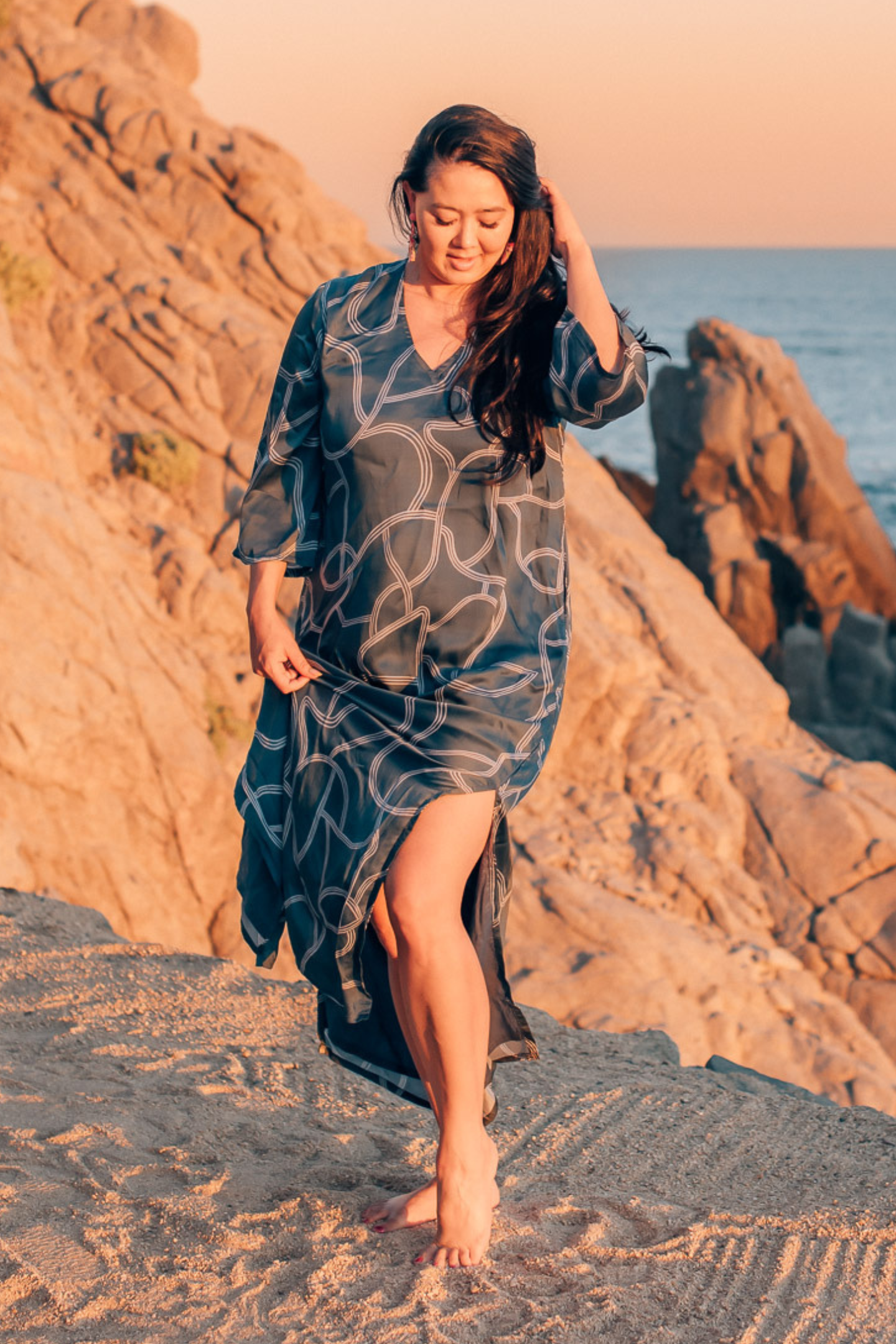 Maxi Dress with Side Slits in Abstract Stripes Moodshot