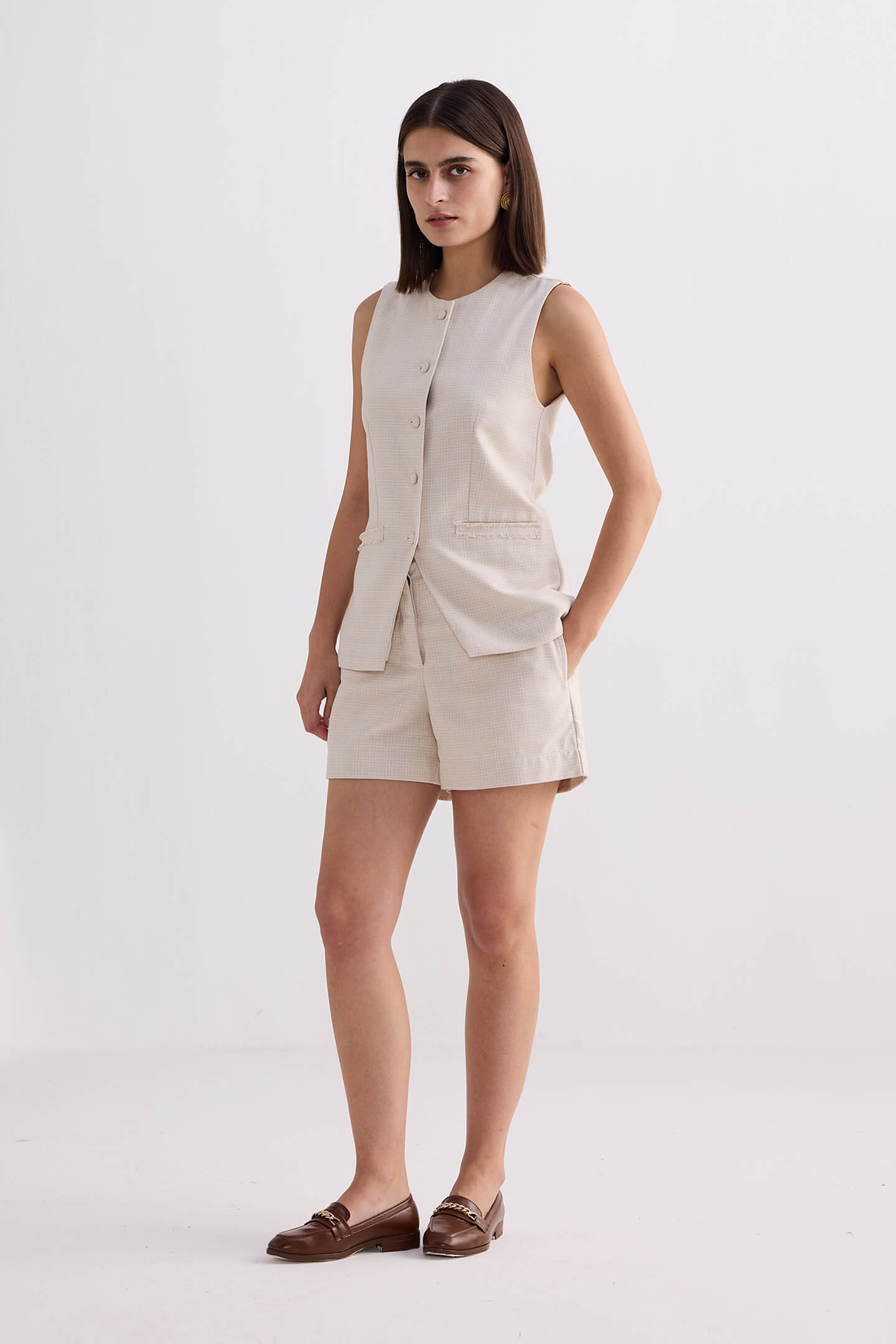 Cotton Tweed Vest Jacket Set in Cream Longshot