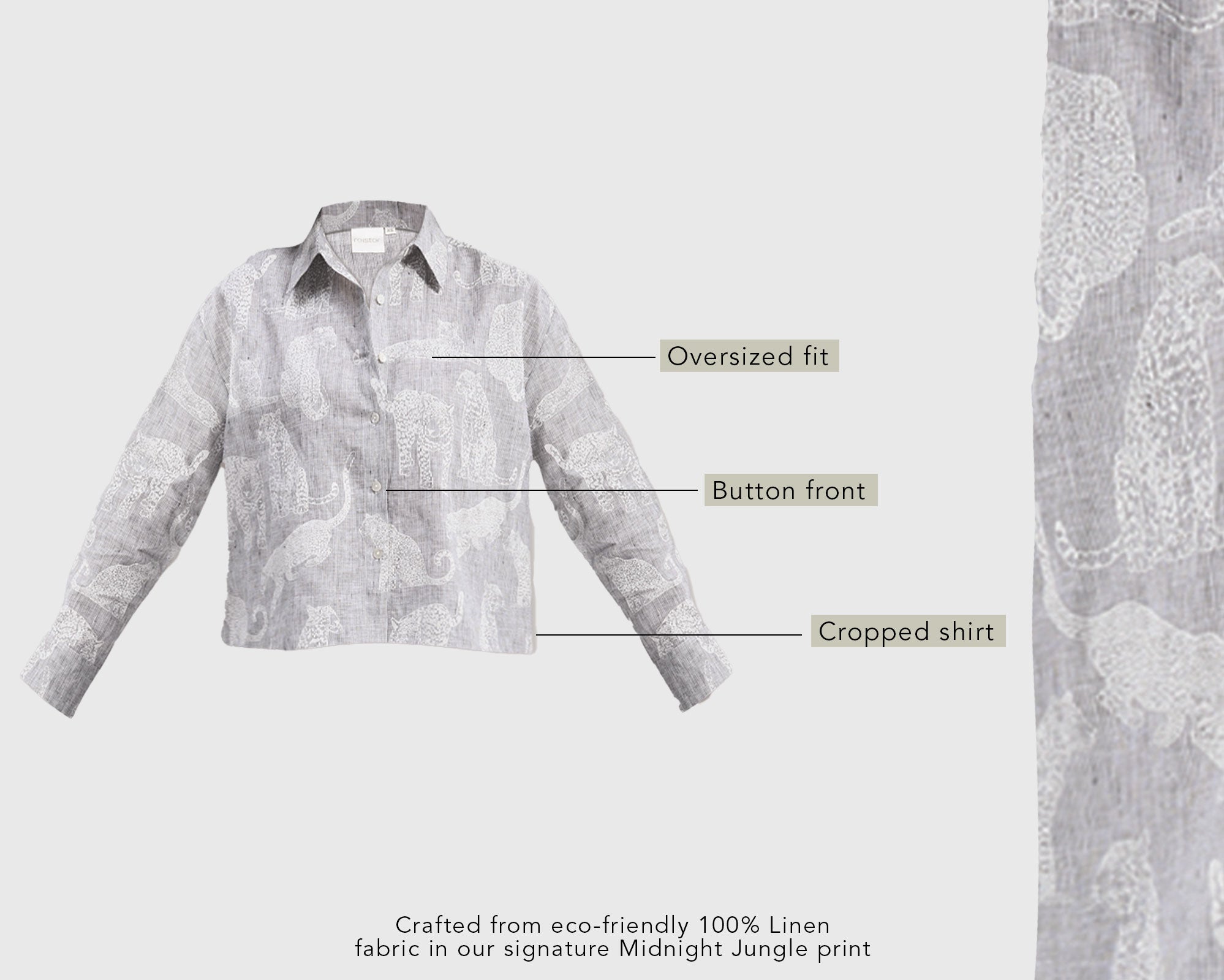 Gray linen shirt with features labeled on a light gray background