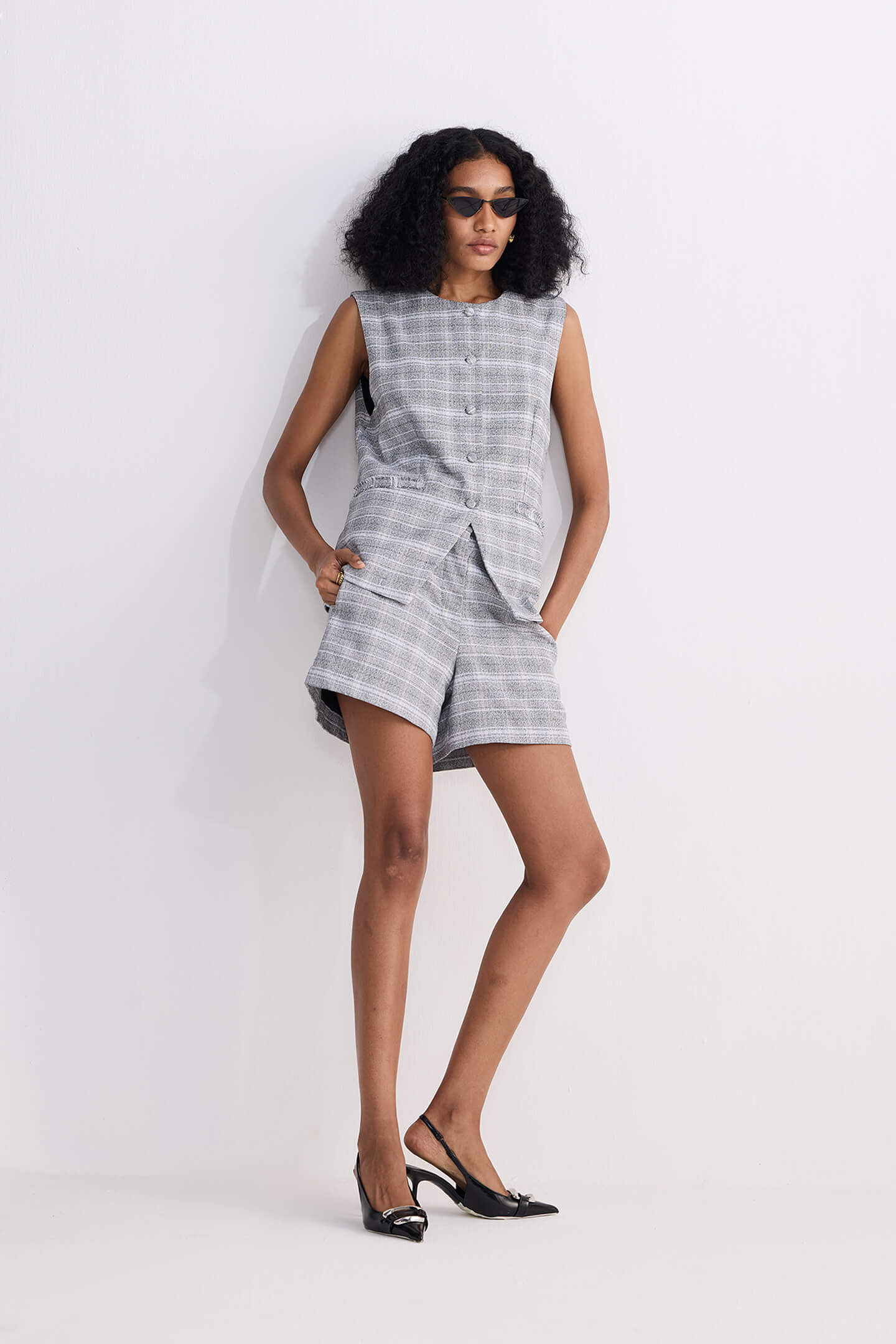 Cotton Tweed Vest Jacket Set in Grey Longshot