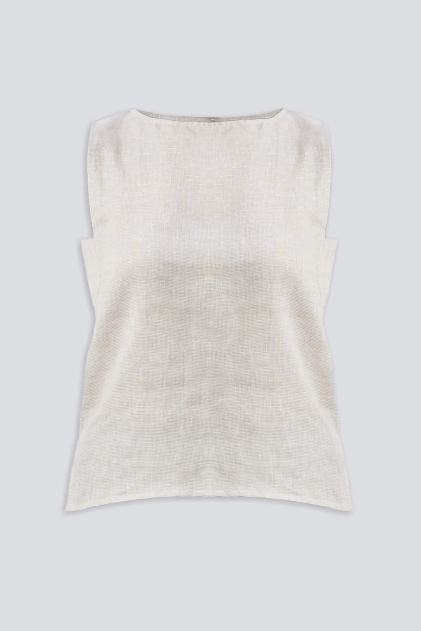 Product image of reistor Boat Neck Top in Checkered Linen, sleeveless beige checkered linen top with boat neckline and clean minimalist design.