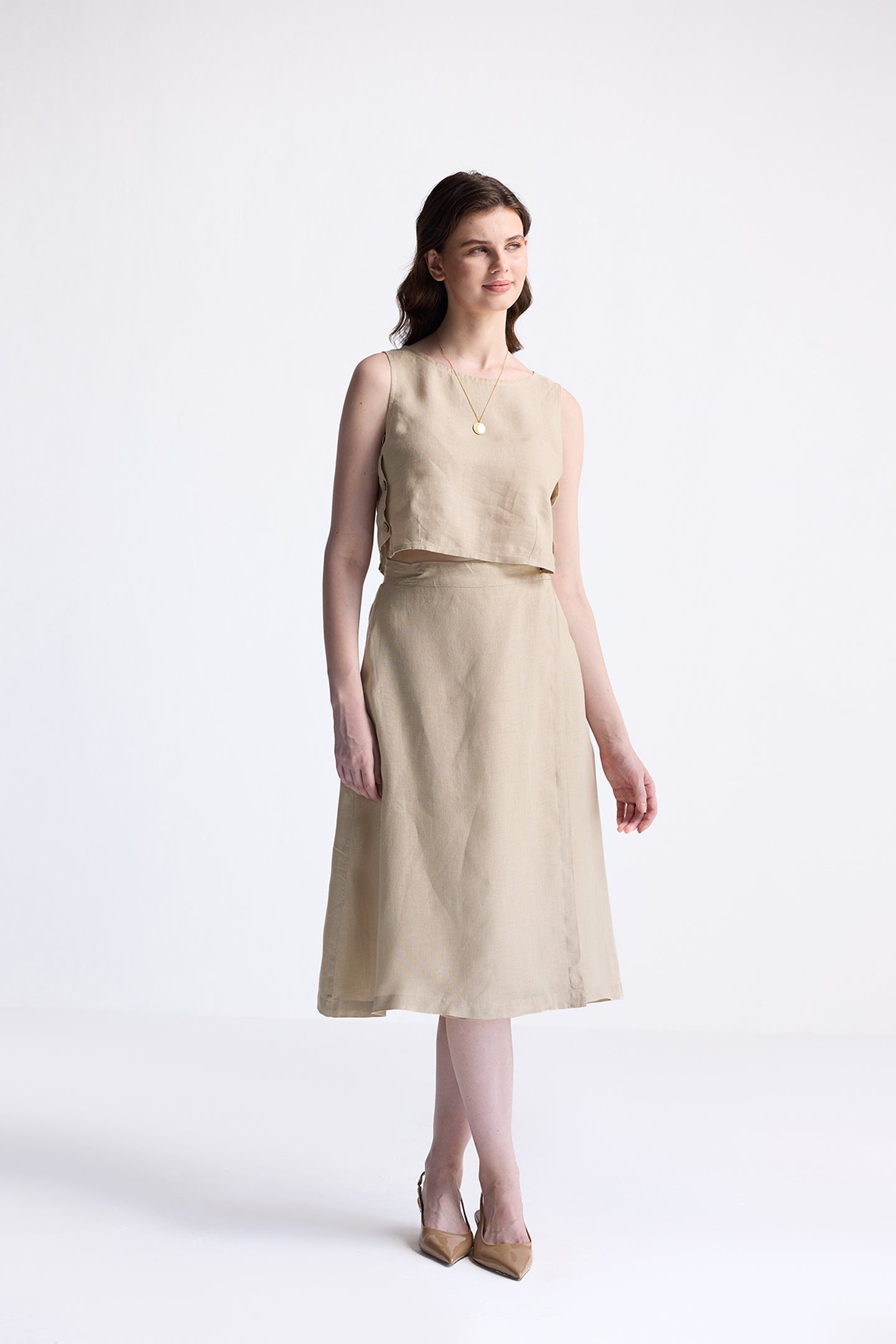 Breezy Summer Set in Neutral Beige by reistor – women’s sleeveless co-ord top and midi skirt in sustainable fabric