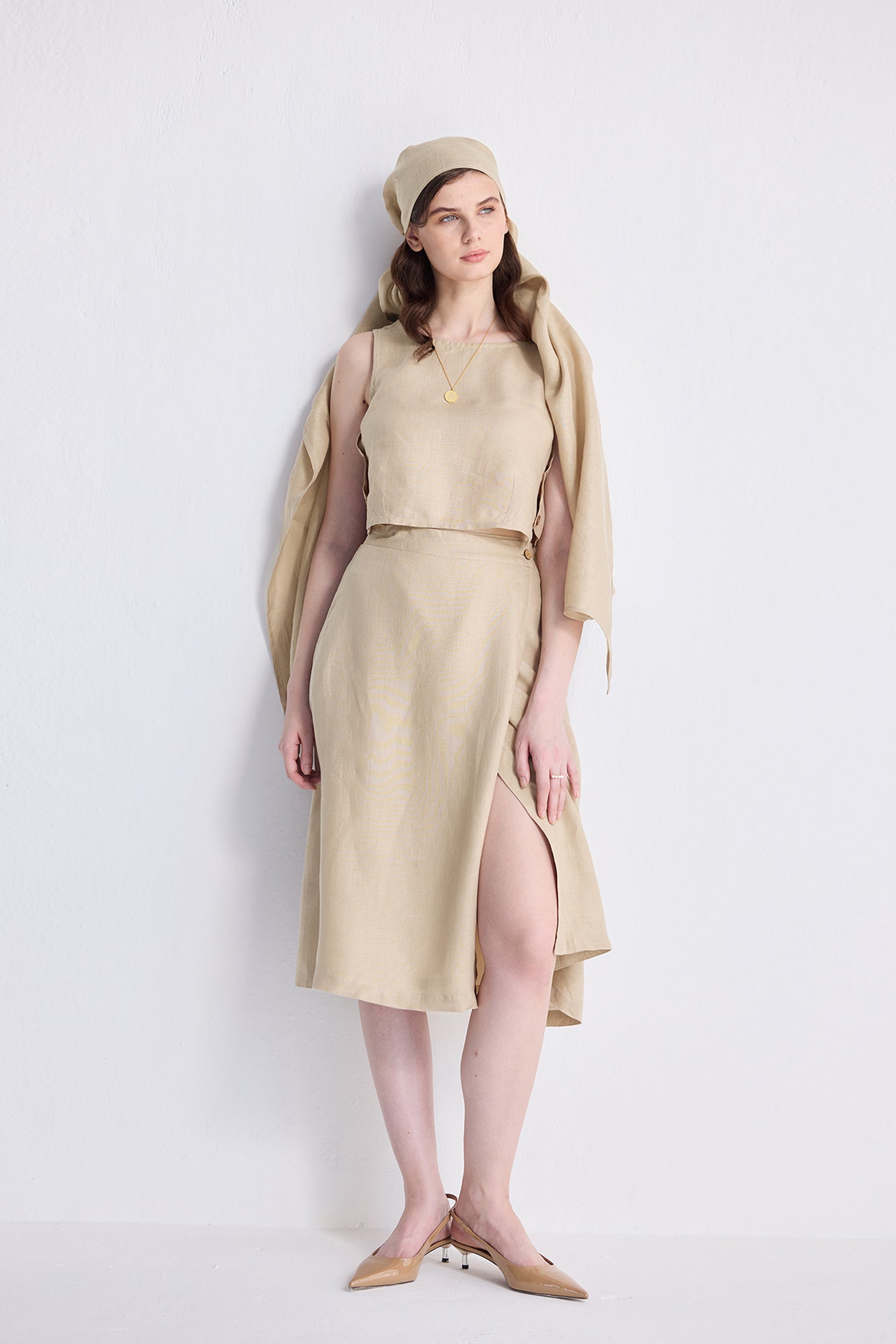 Overlap Midi Skirt in Neutral Beige Long Shot