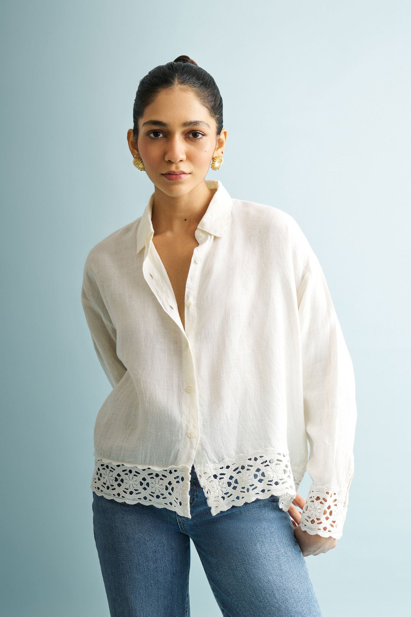 Button-down with Lace Shirt in Off-white Medium Shot