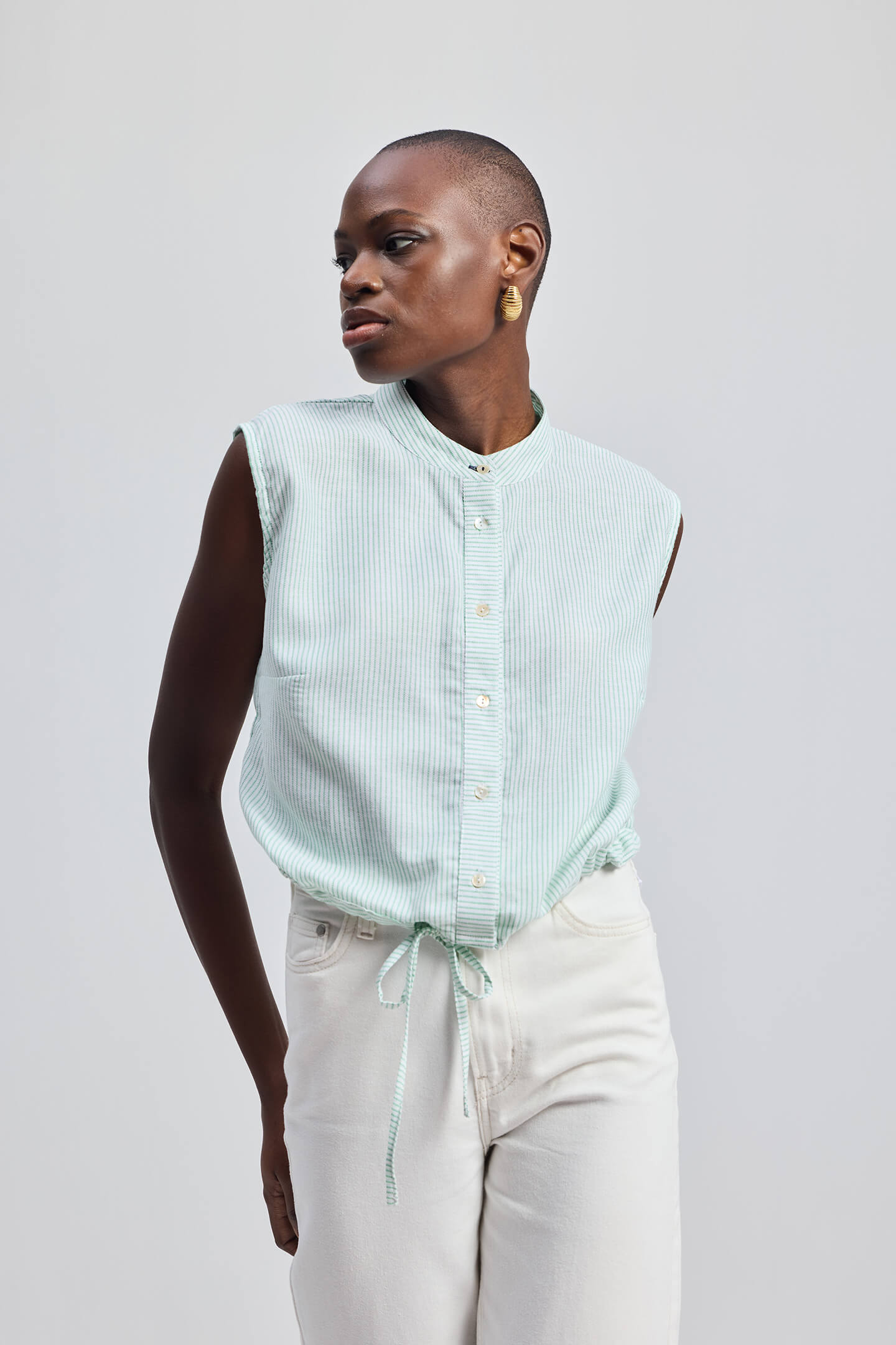 Button-down Shirt with Waist Drawstring in Stripes Longshot