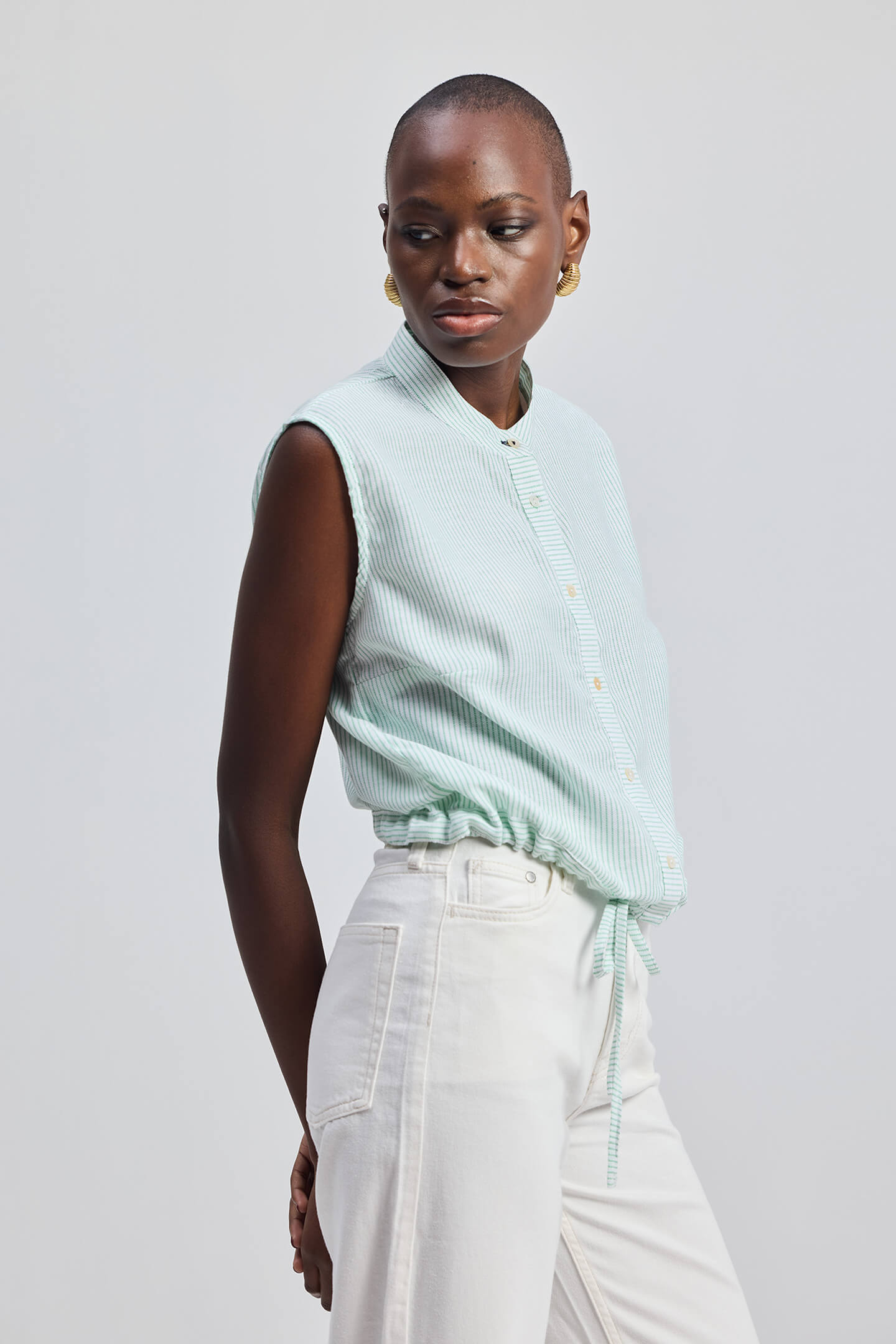 Button-down Shirt with Waist Drawstring in Stripes Longshot