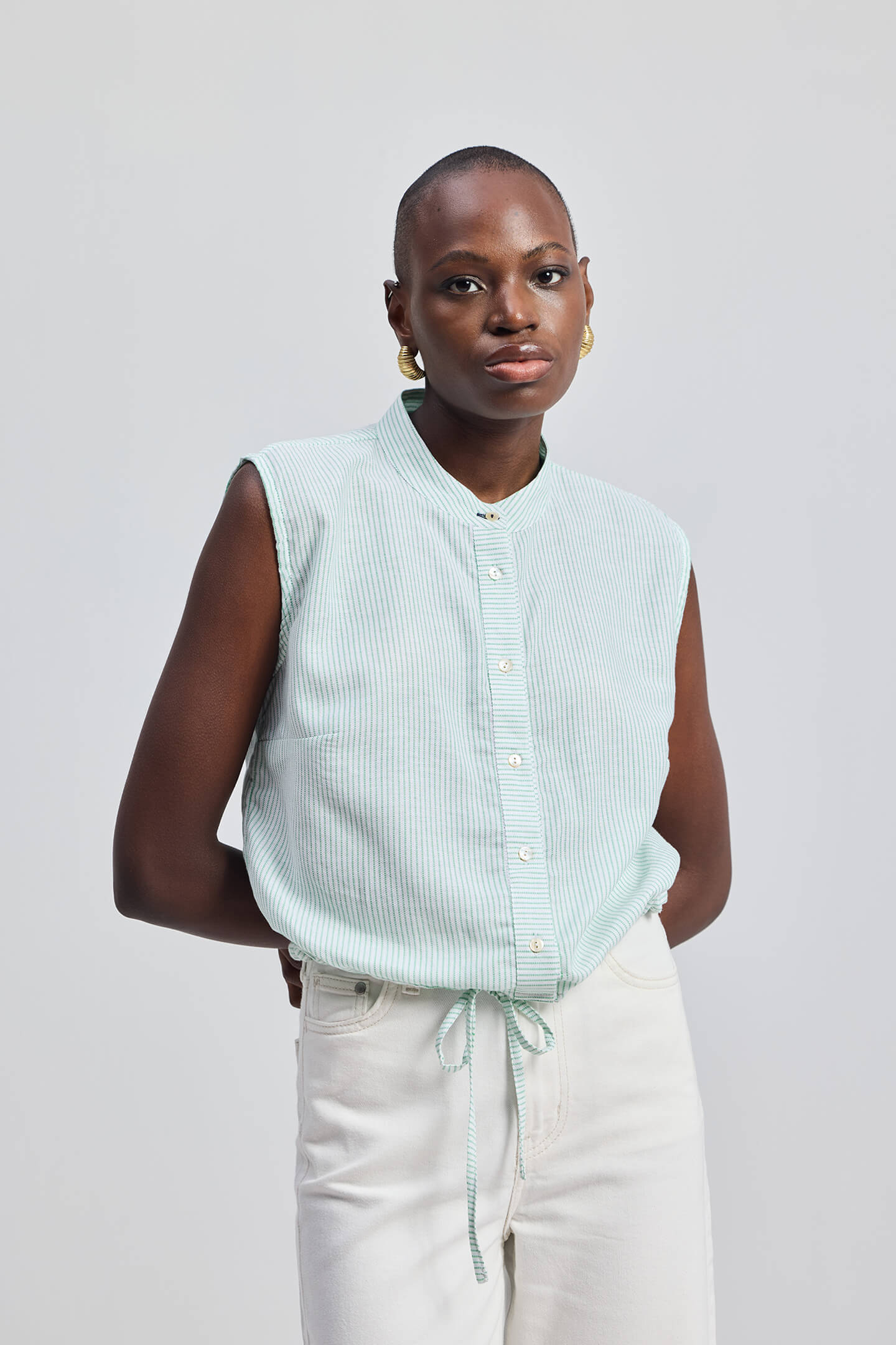 Button-down Shirt with Waist Drawstring in Stripes Longshot