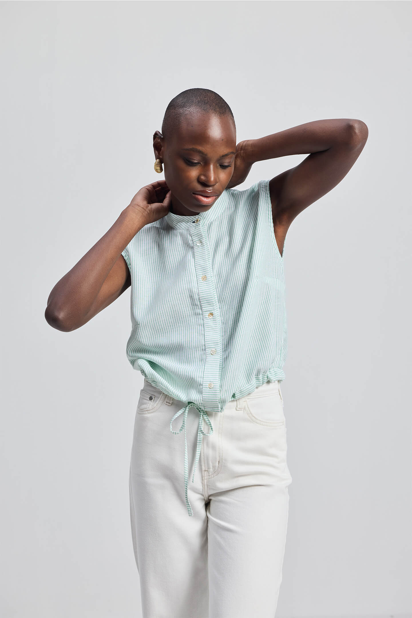 Button-down Shirt with Waist Drawstring in Stripes Longshot