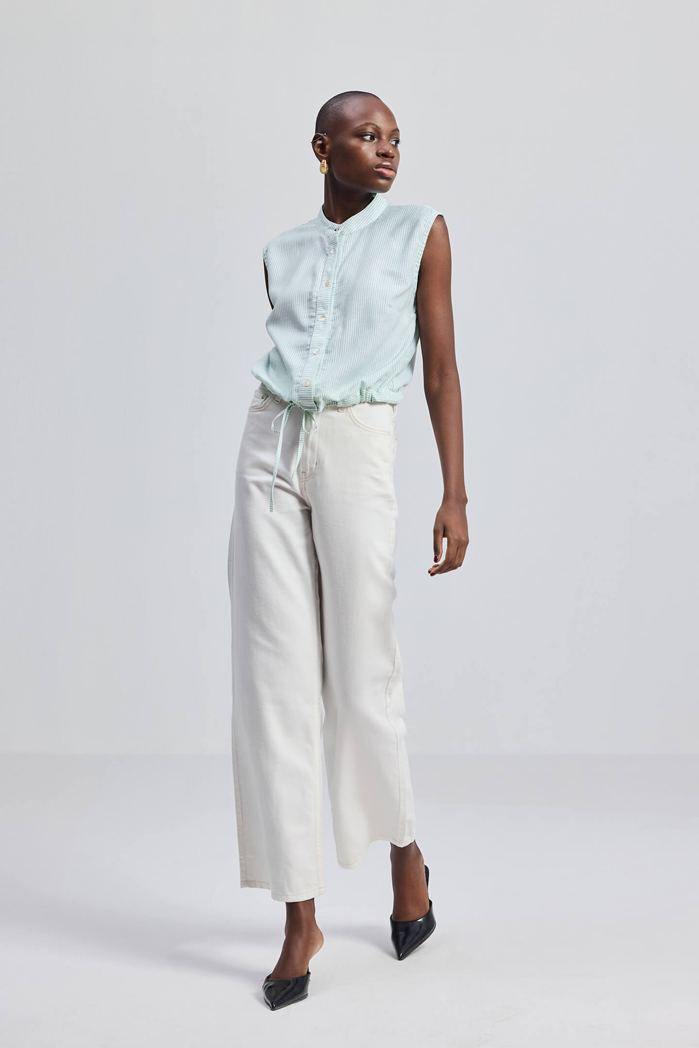 Button-down Shirt with Waist Drawstring in Stripes Longshot