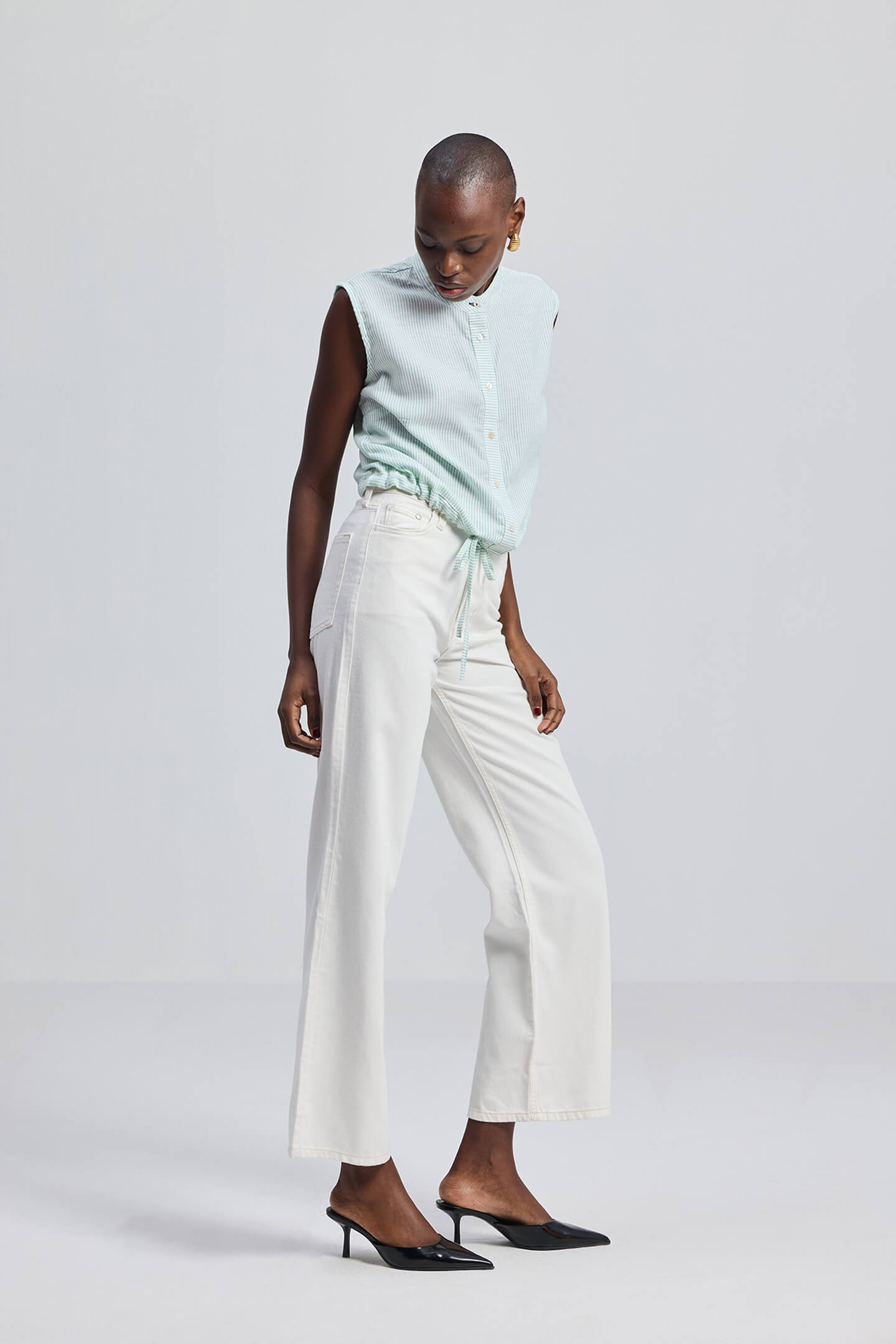 Button-down Shirt with Waist Drawstring in Stripes Longshot