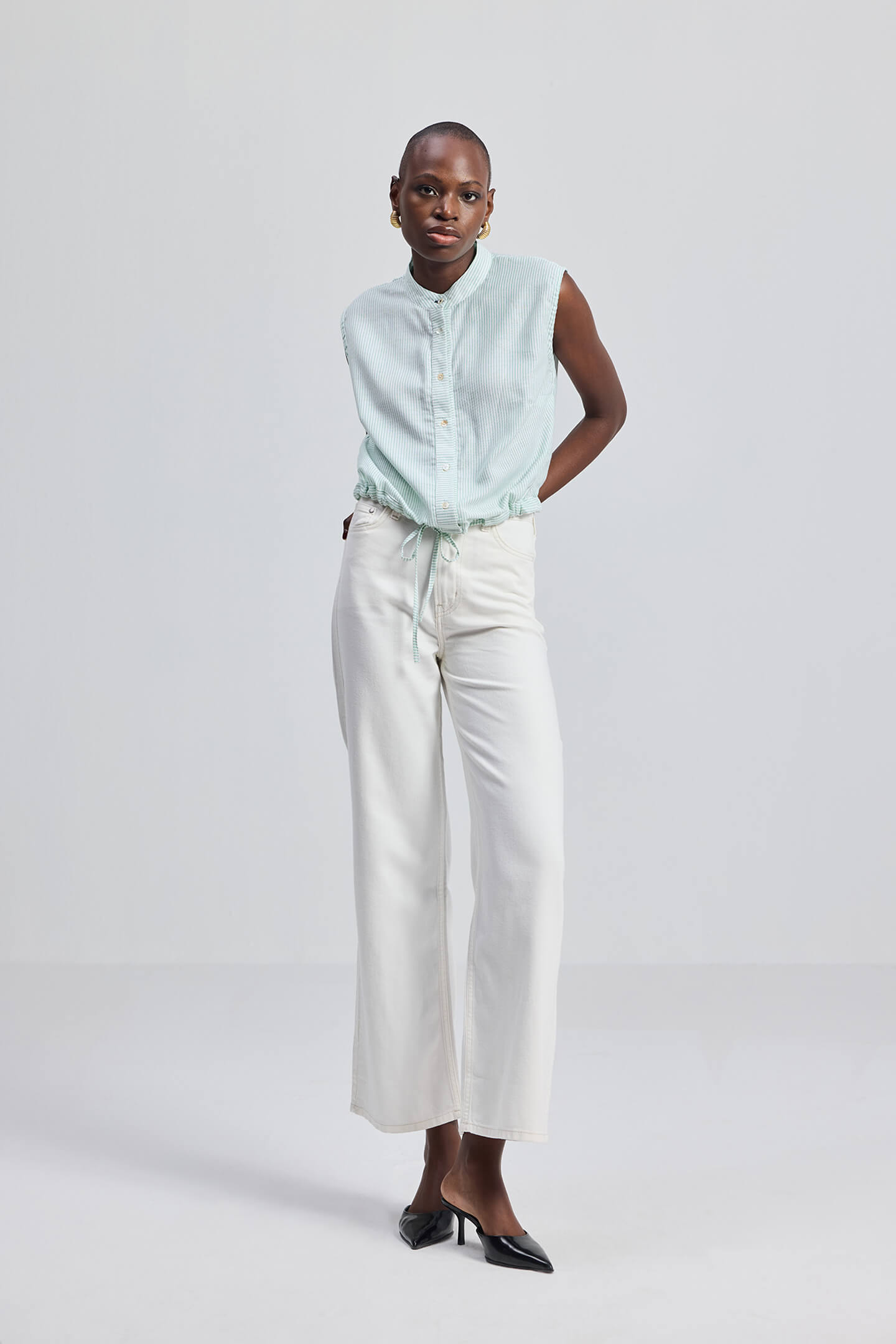 Button-down Shirt with Waist Drawstring in Stripes Longshot