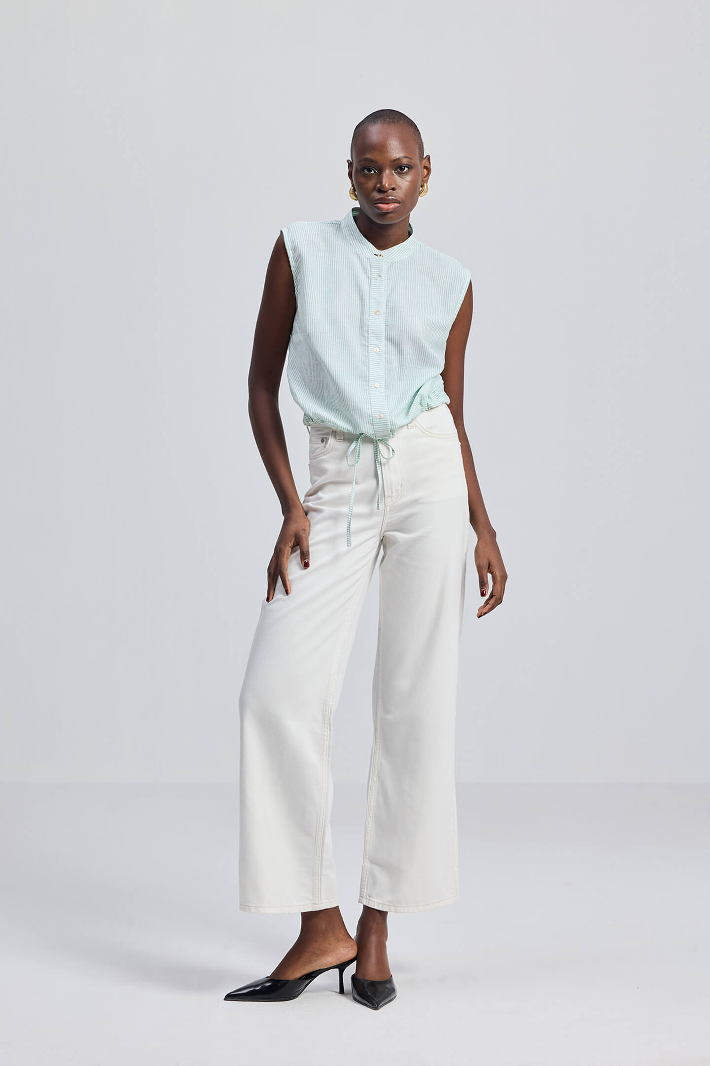 Button-down Shirt with Waist Drawstring in Stripes Longshot