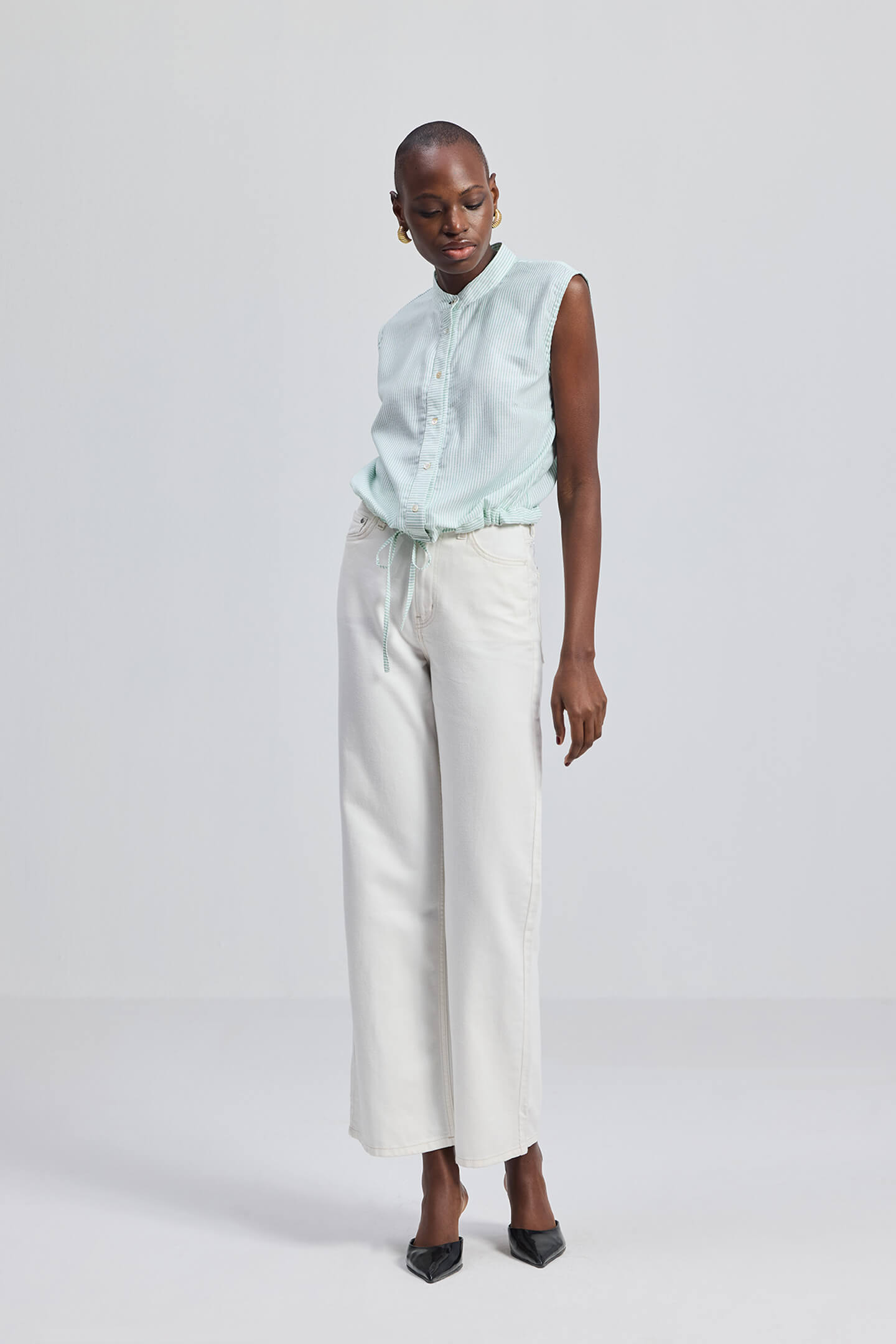 Button-down Shirt with Waist Drawstring in Stripes Longshot