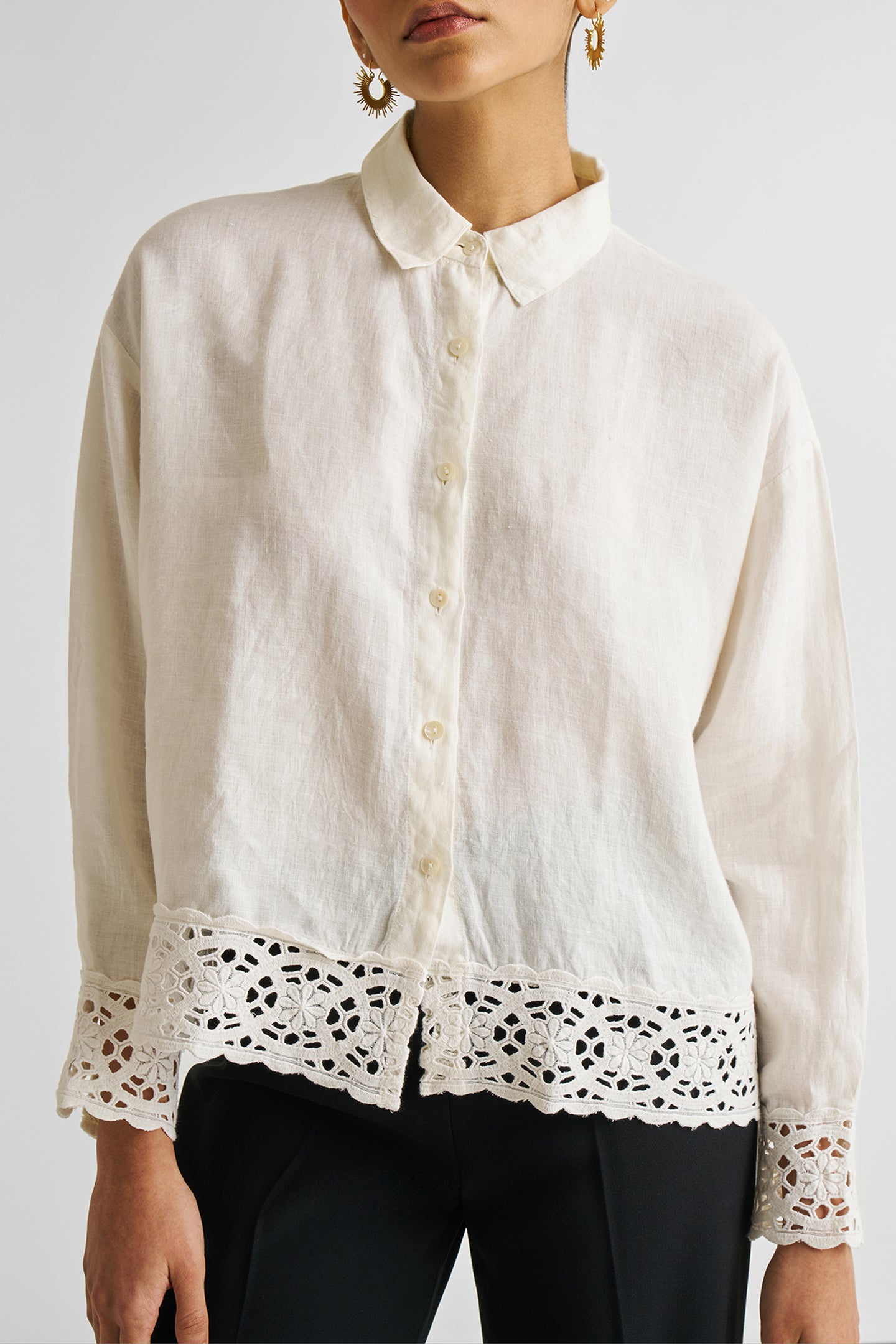 Button-down with Lace Shirt in Off-white Medium Shot