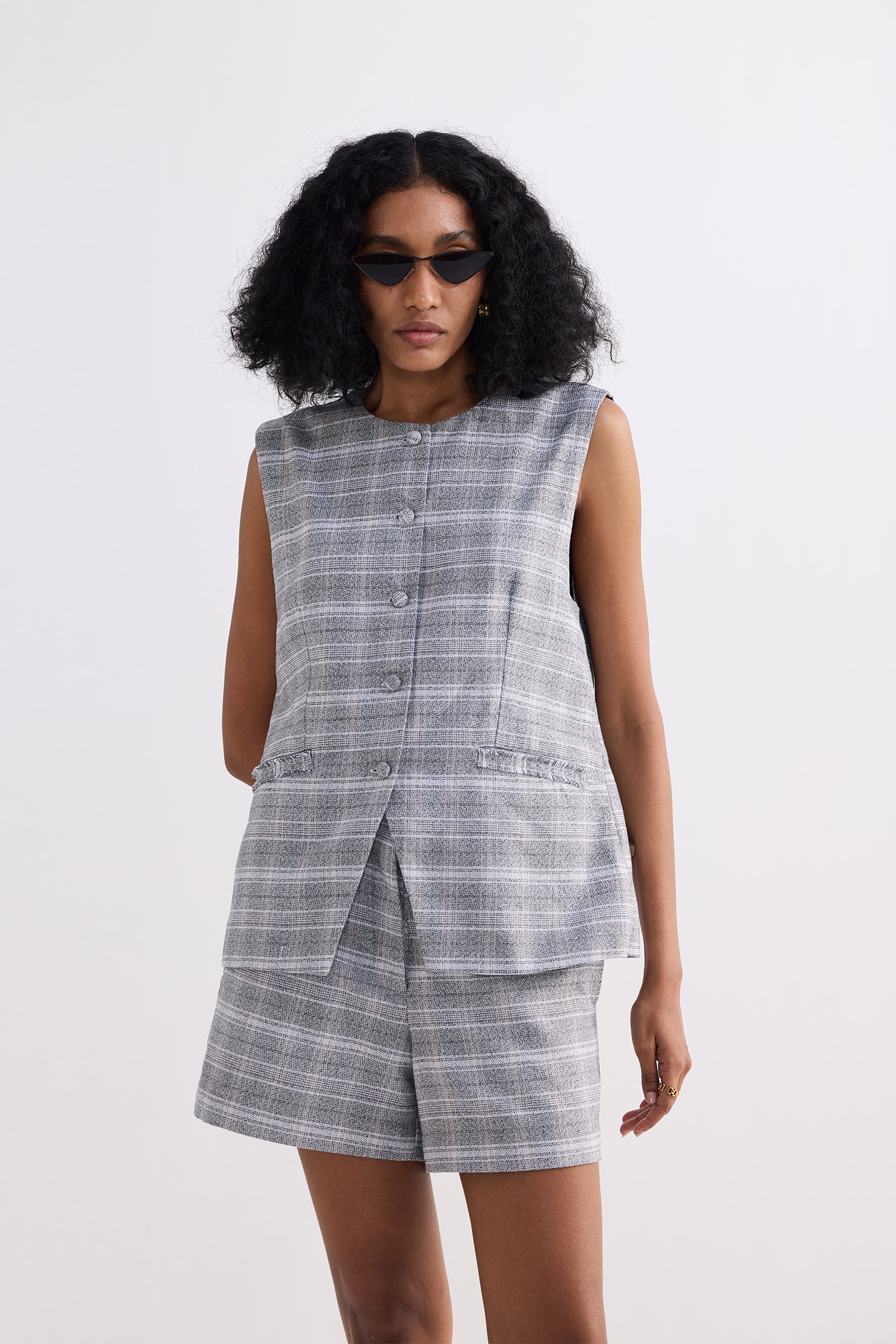 Cotton Tweed Vest Jacket Set in Grey Longshot