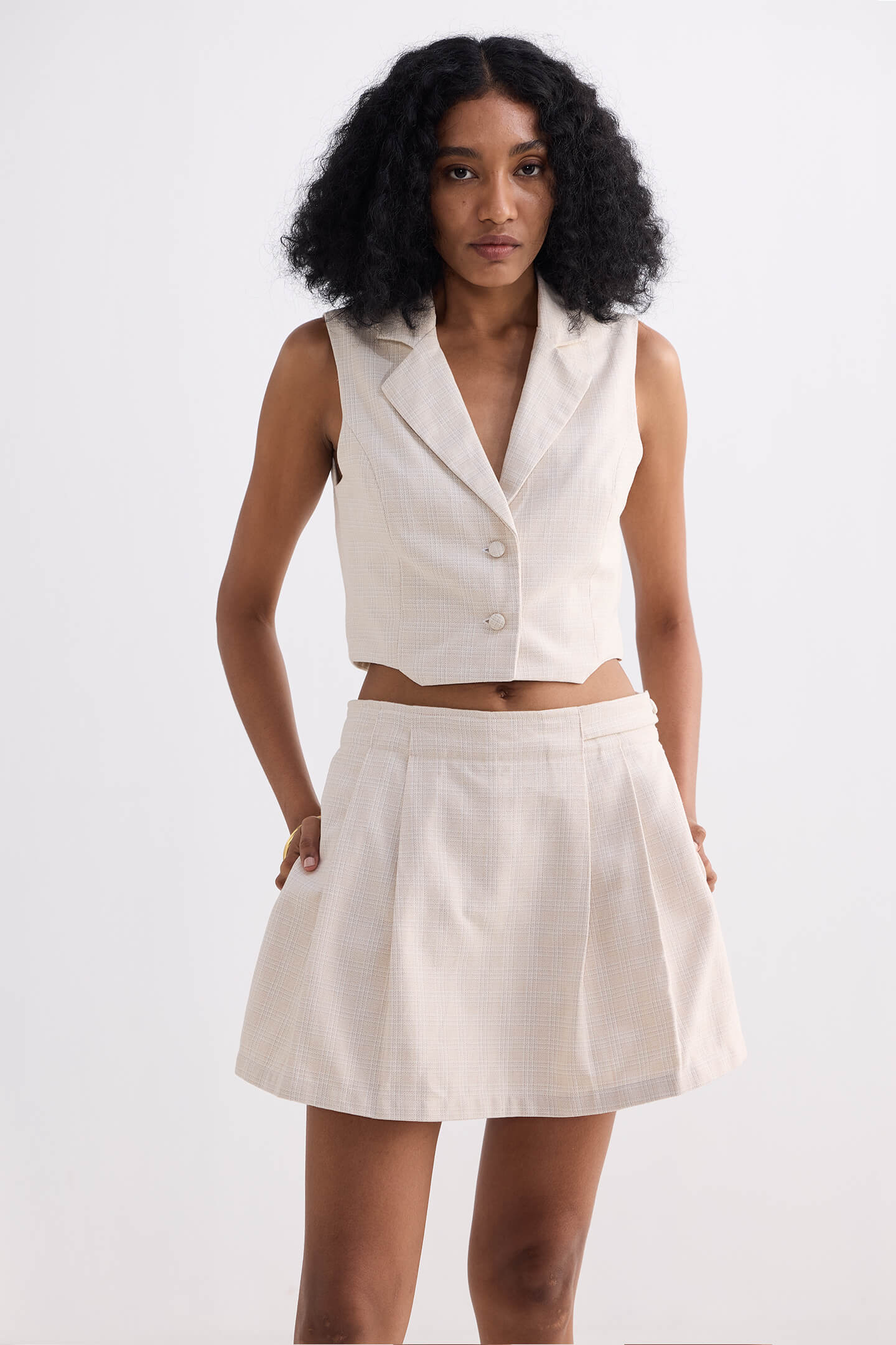 Cropped Cotton Tweed Vest Set in Cream Longshot