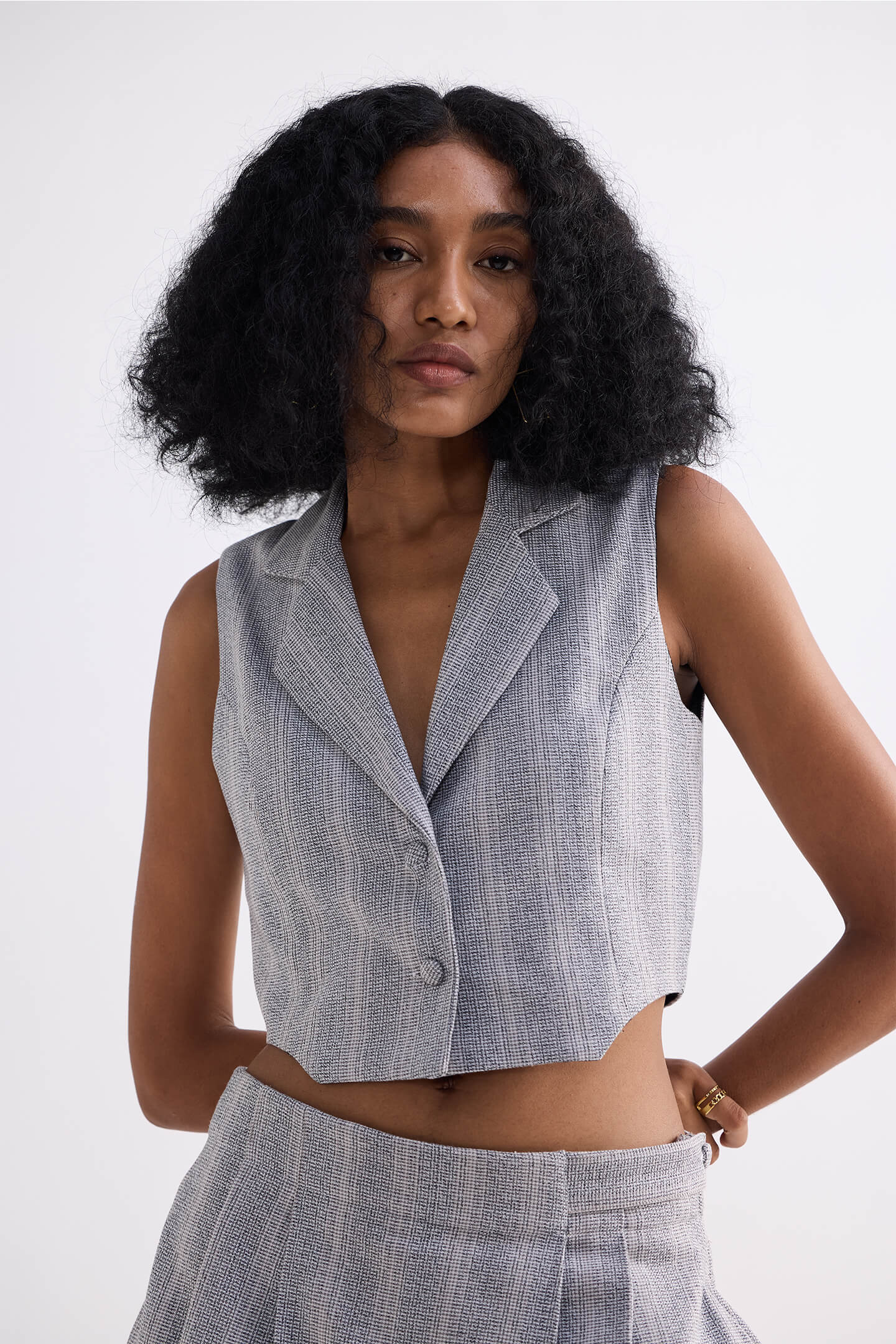 Cropped Cotton Tweed Vest Set in Grey Closeup
