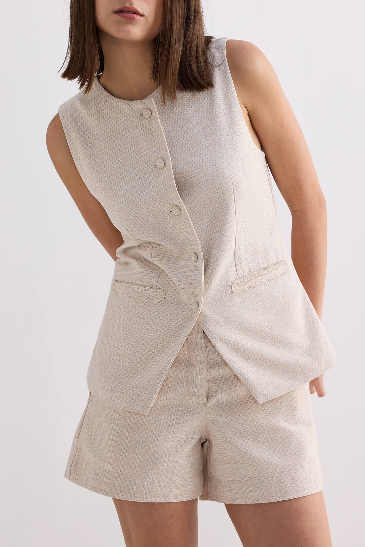 Cotton Tweed Vest Jacket in Cream Closeup