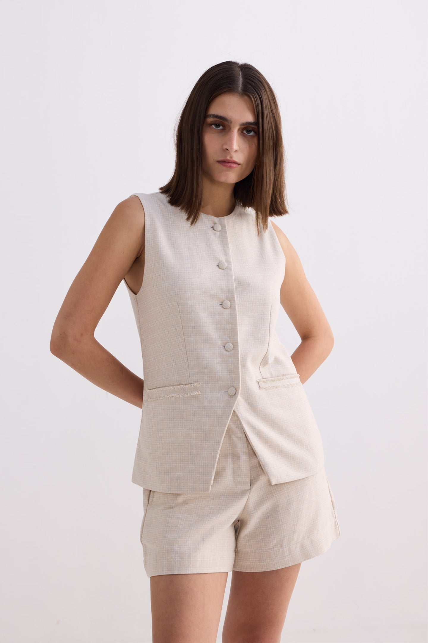 Cotton Tweed Vest Jacket in Cream Longshot