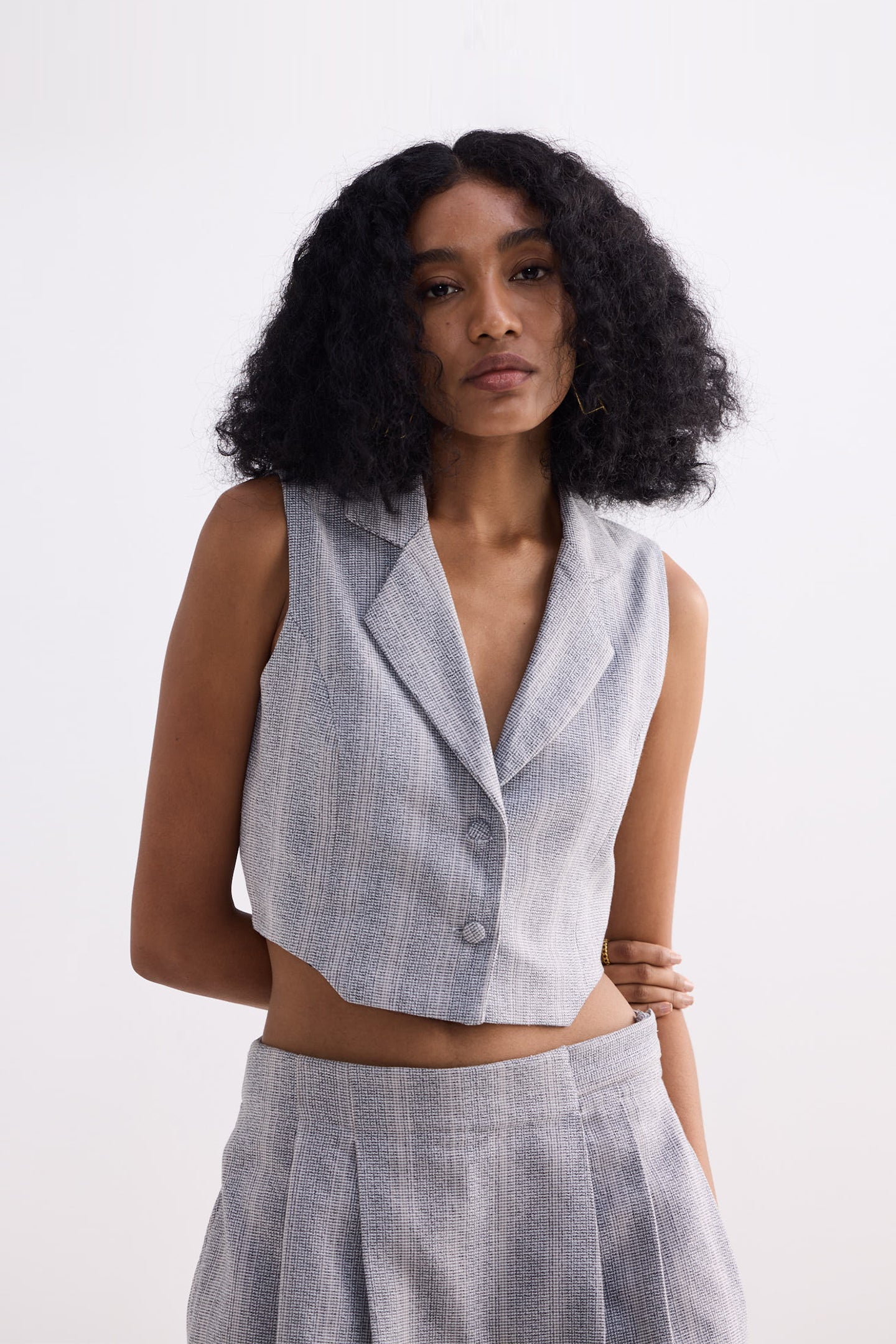 Cropped Cotton Tweed Vest in Grey Longshot