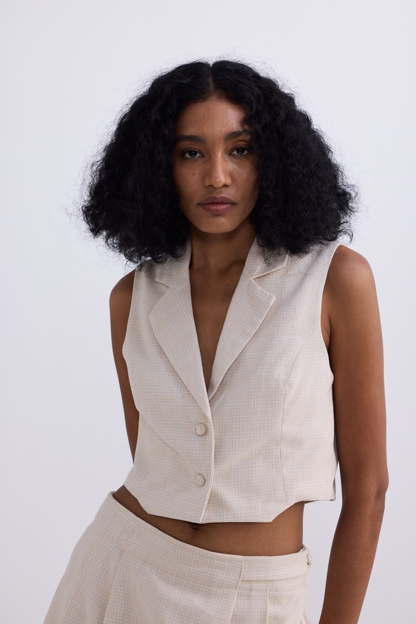 Cropped Cotton Tweed Vest in Cream Closeup