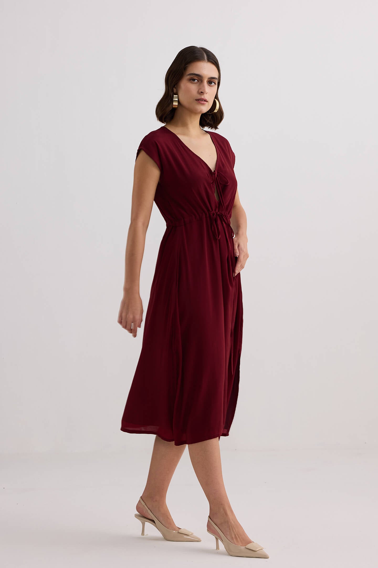 Deep V-neck Gathered Dress in Burgundy Longshot