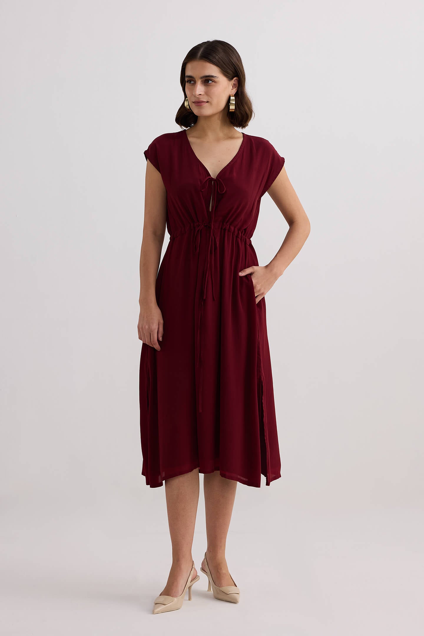 Deep V-neck Gathered Dress in Burgundy Longshot