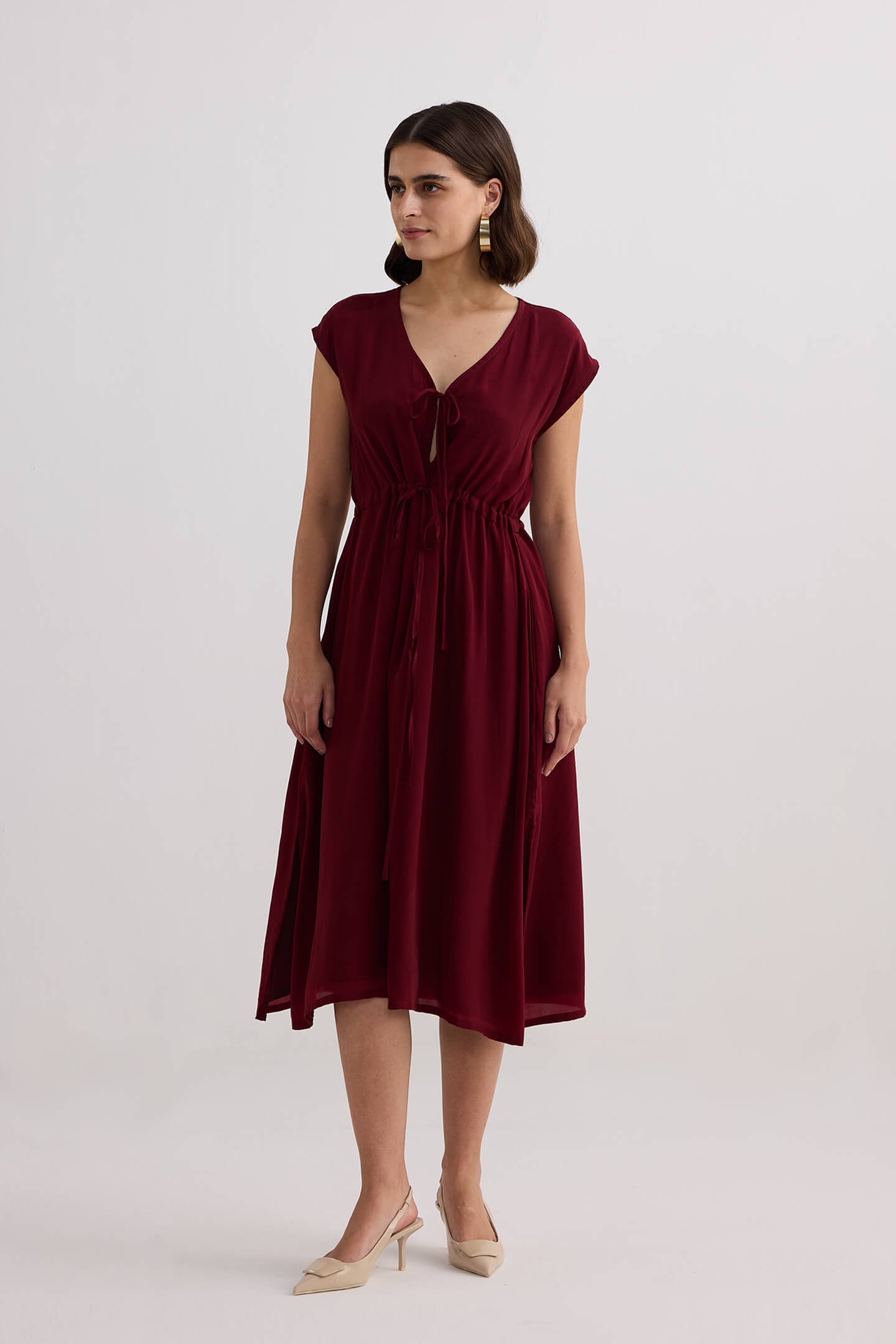 Deep V-neck Gathered Dress in Burgundy Longshot