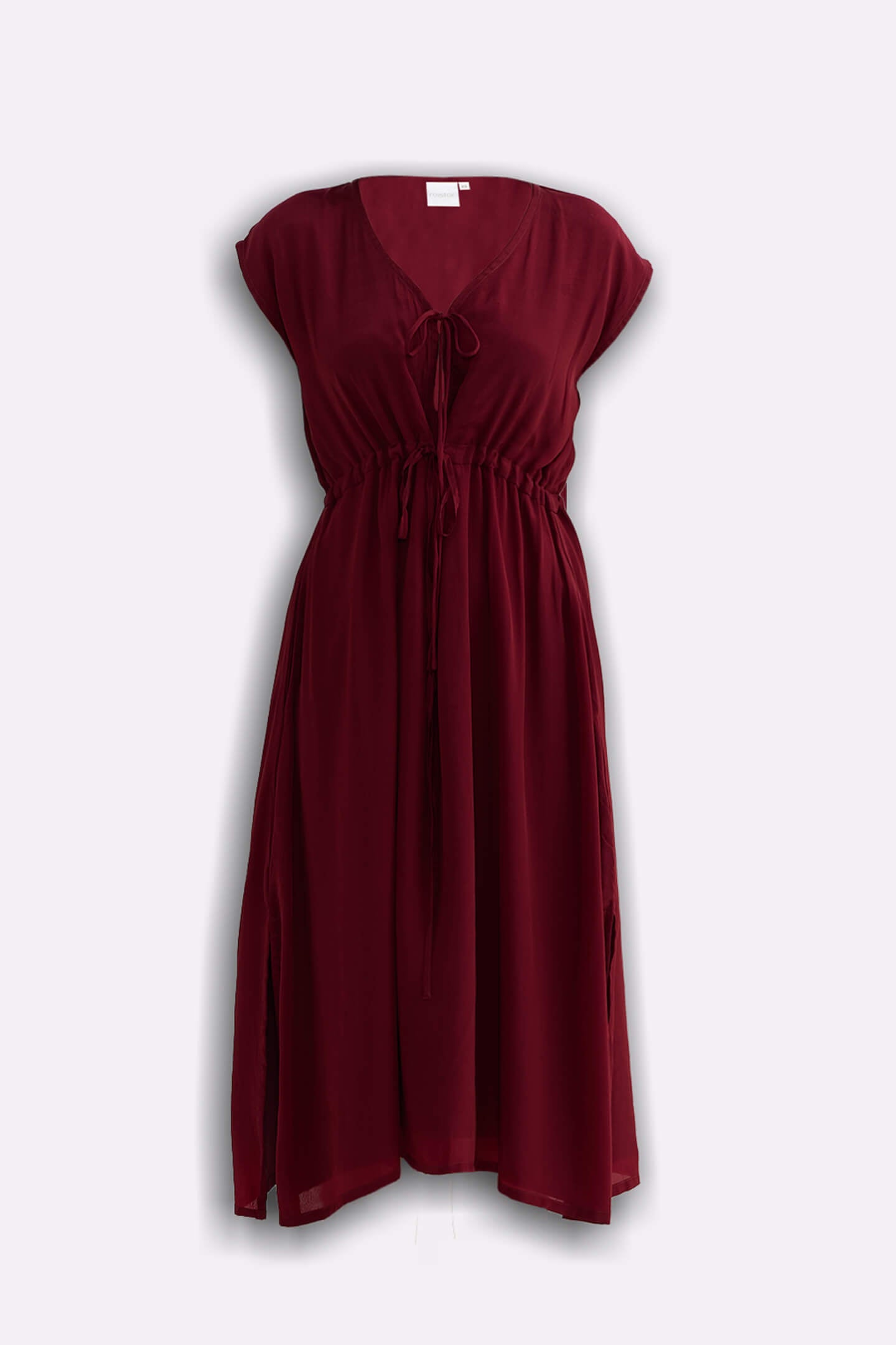 Deep V-neck Gathered Dress in Burgundy Flat lay