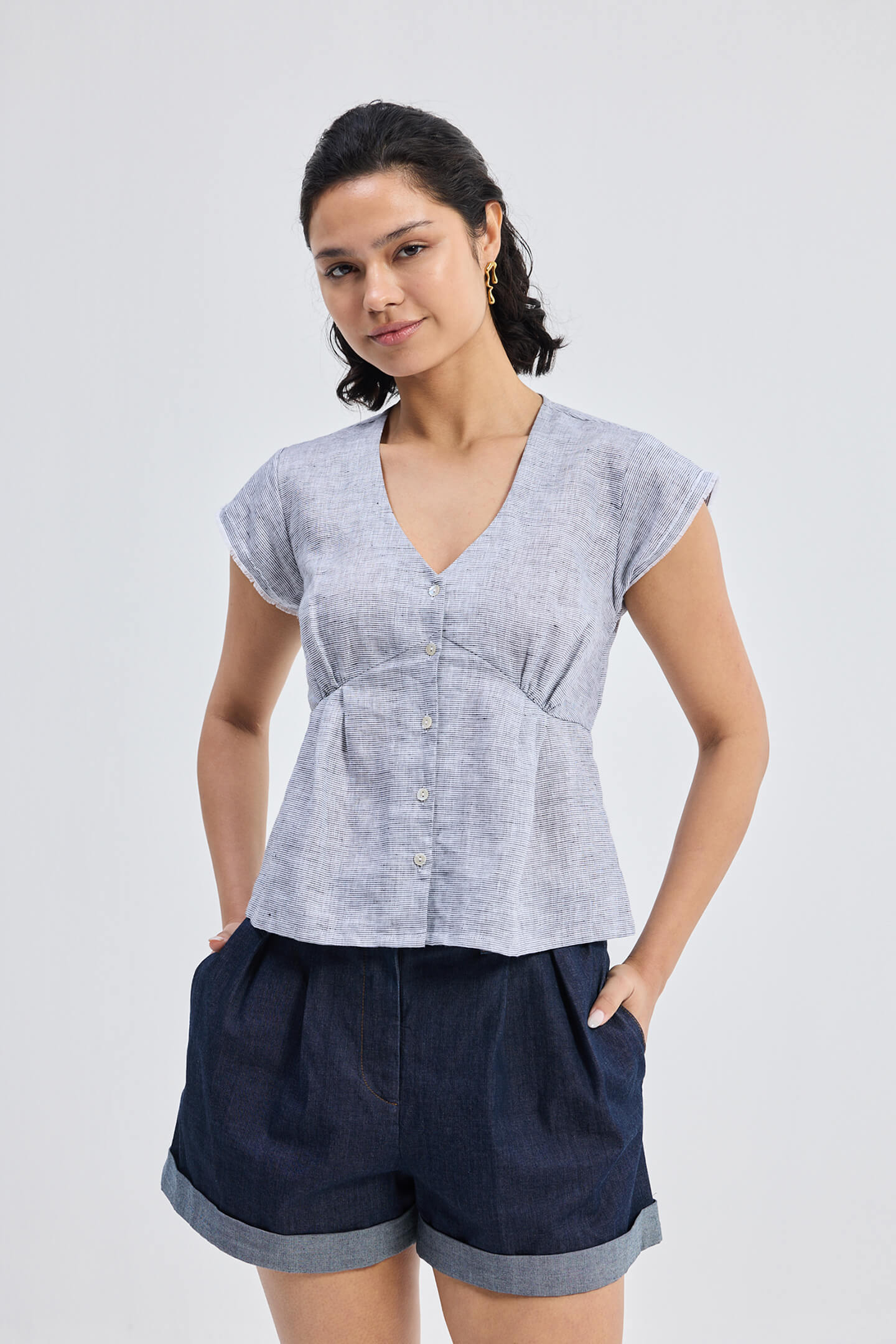 Deep V-neck short top in Linen Stripes Longshot