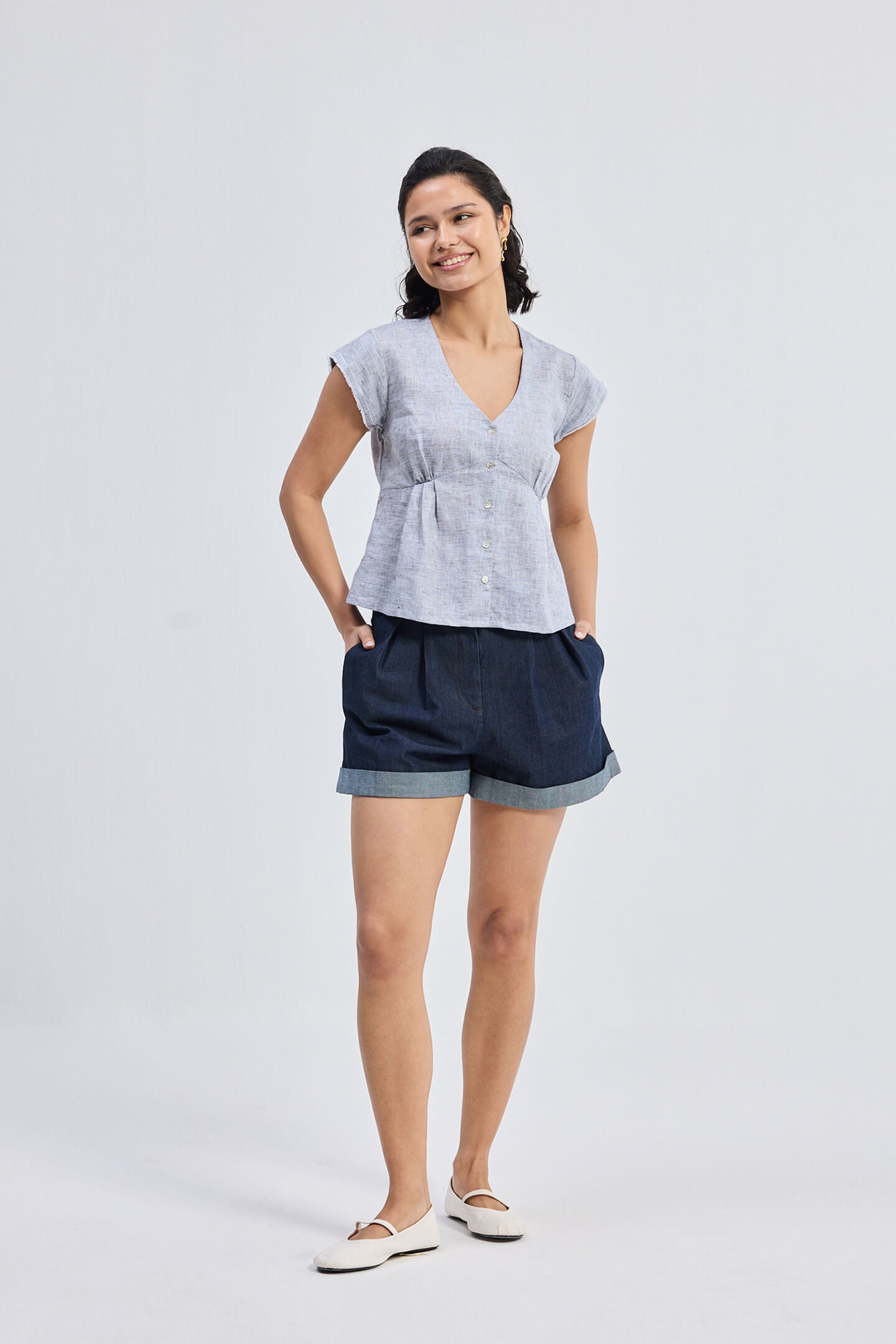Deep V-neck short top in Linen Stripes Longshot