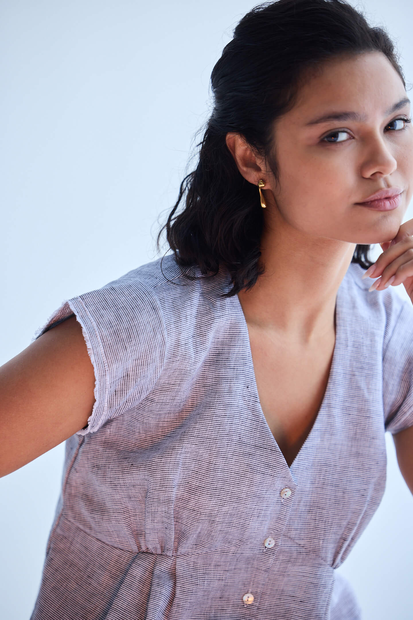 Deep V-neck short top in Linen Stripes Closeup