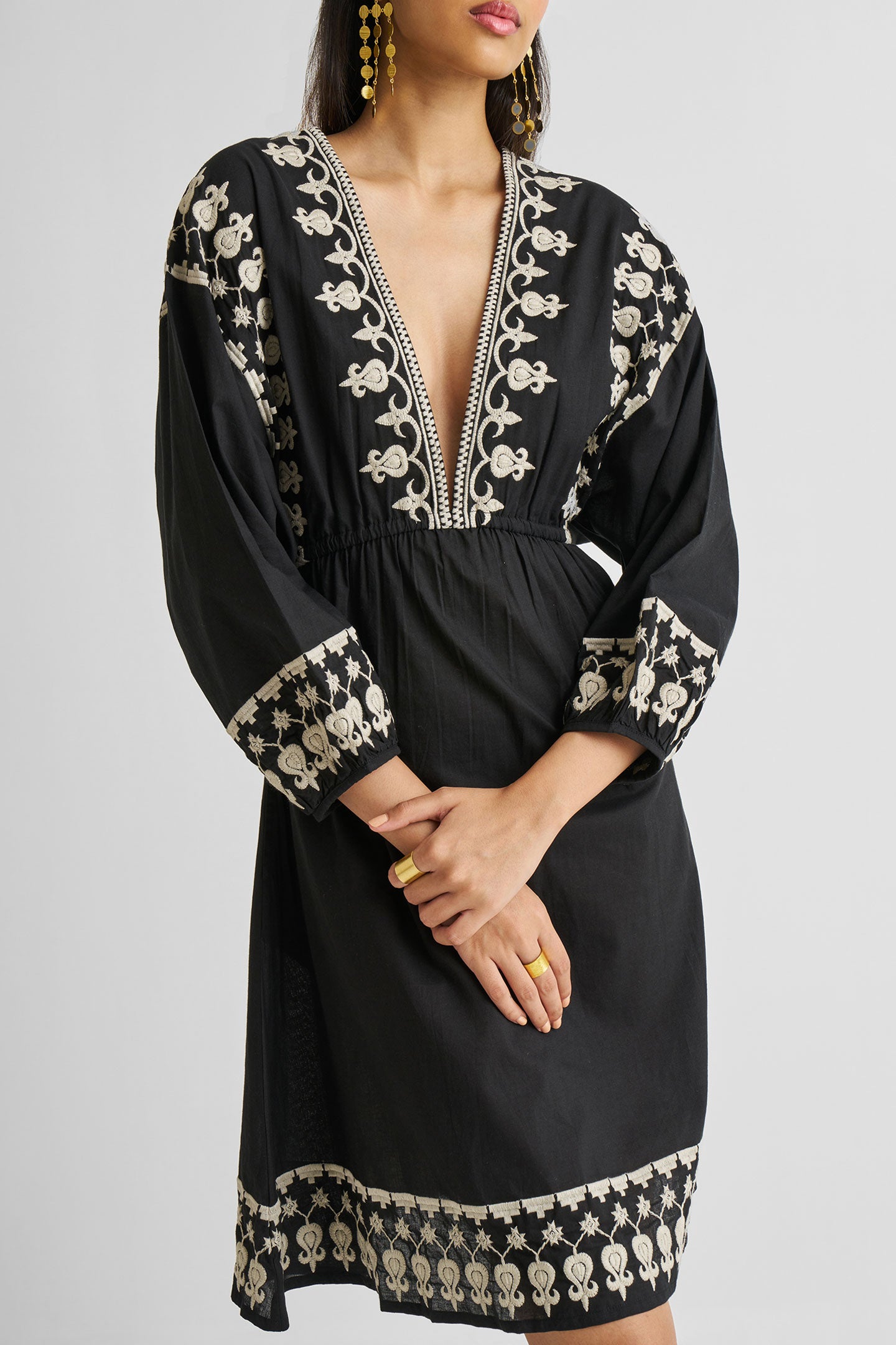 Deep V Embroidered Dress in Black Medium Shot