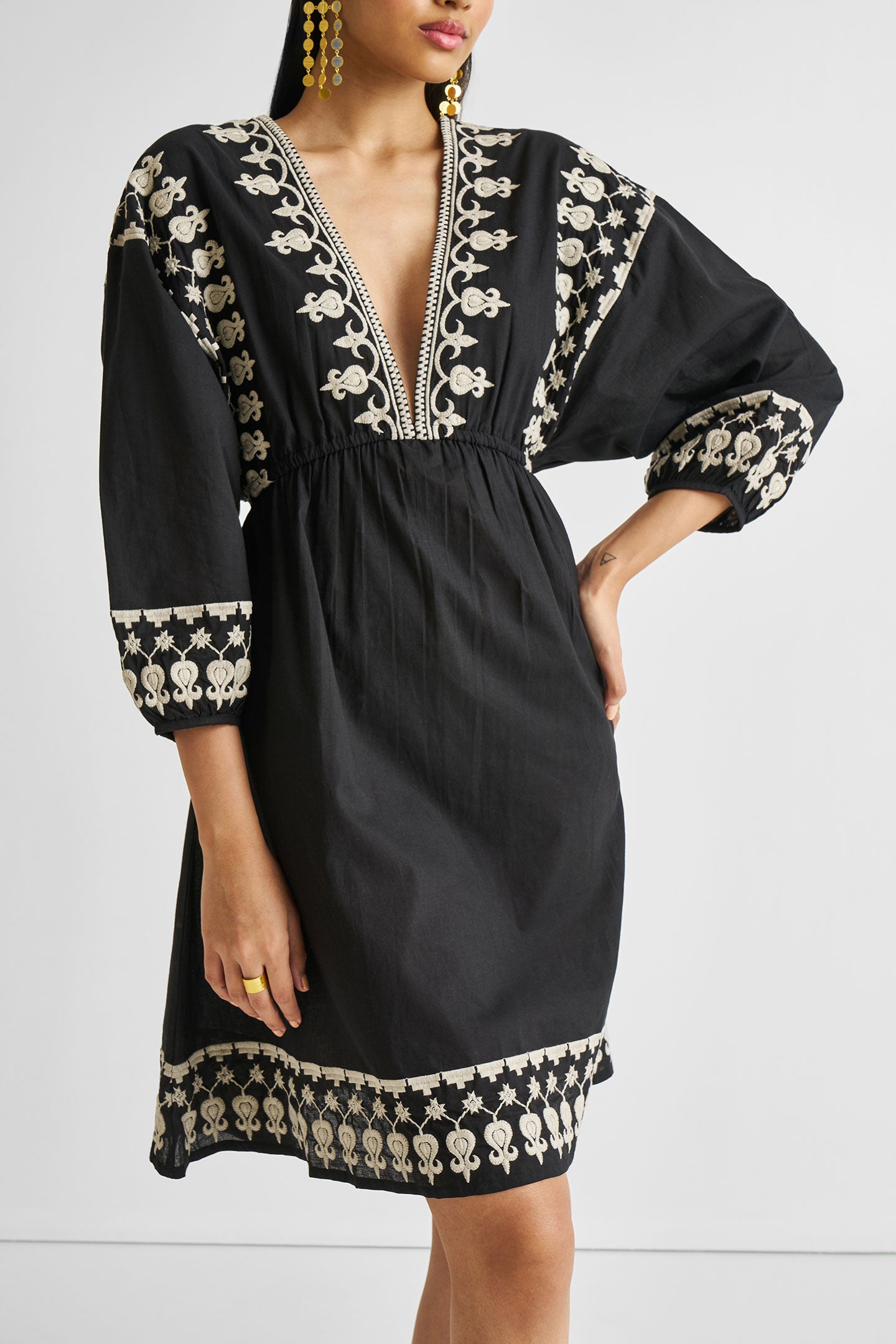 Deep V Embroidered Dress in Black Medium Shot