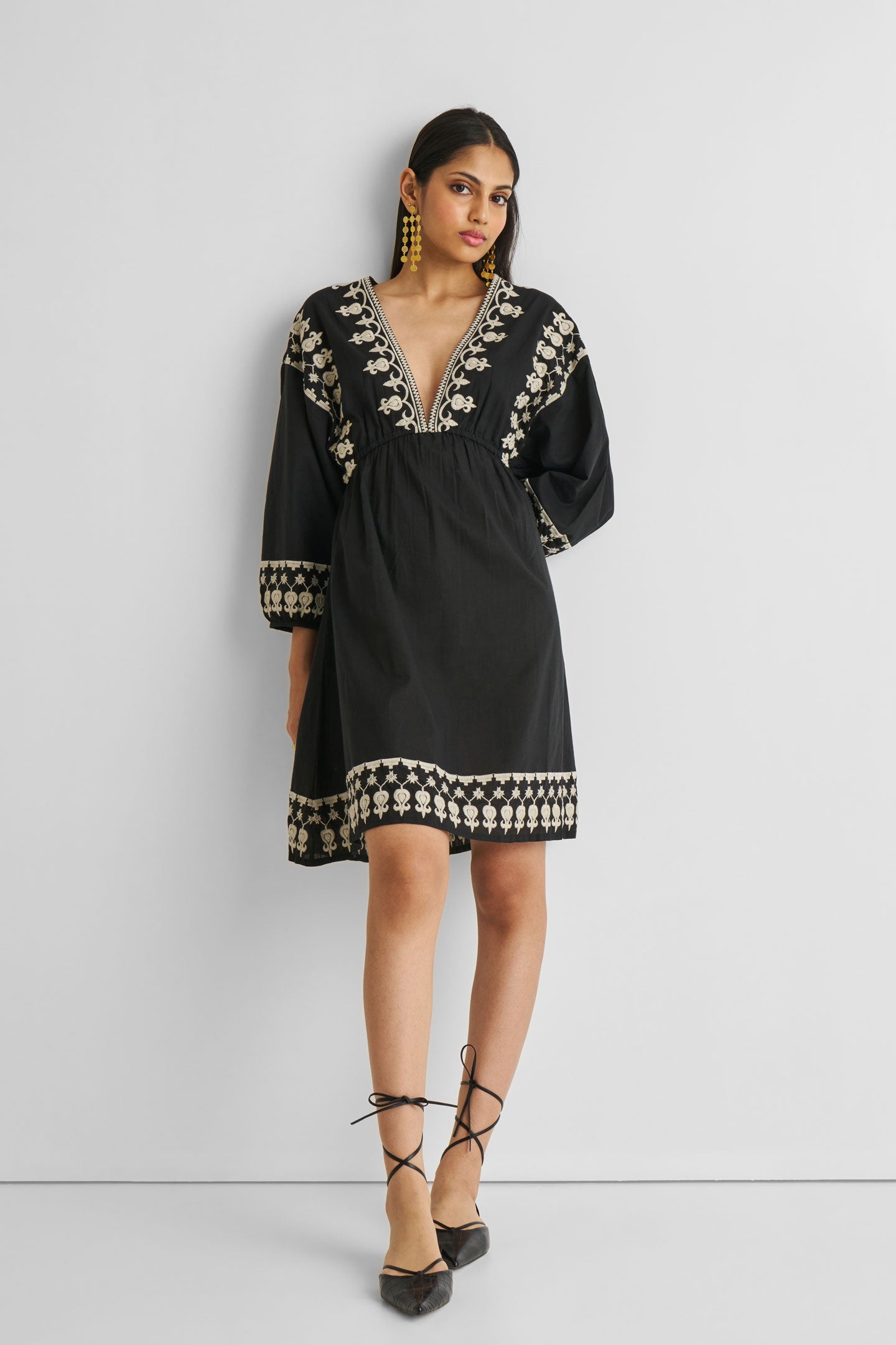 Deep V Embroidered Dress in Black Long Shot