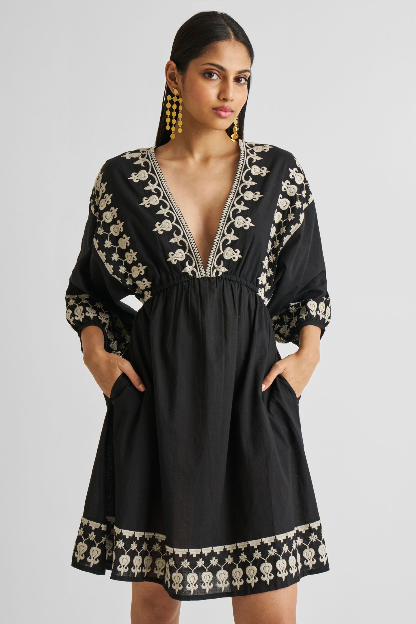 Deep V Embroidered Dress in Black Medium Shot