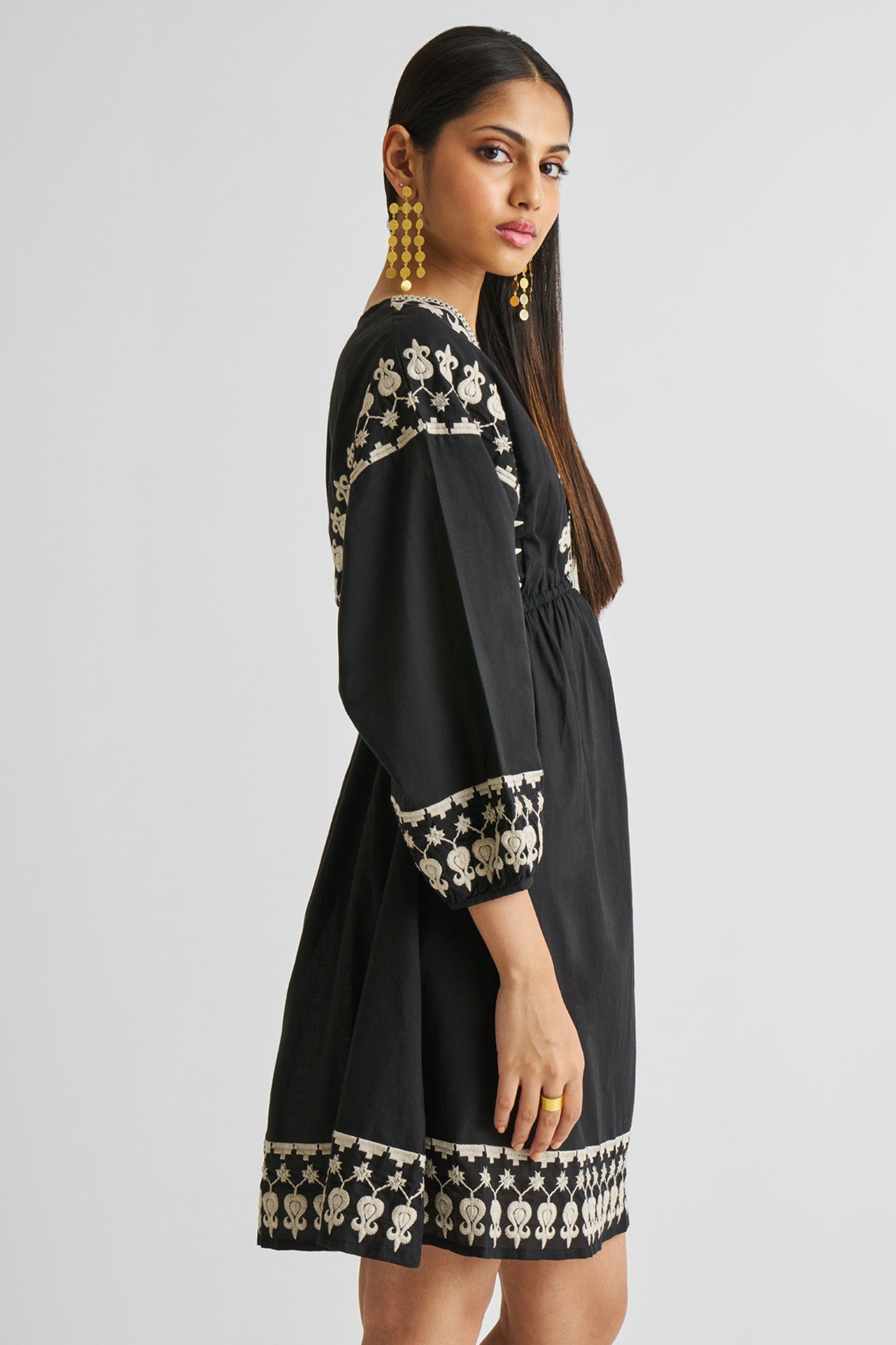 Deep V Embroidered Dress in Black Long Shot