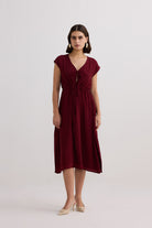 Deep V-neck Gathered Dress in Burgundy