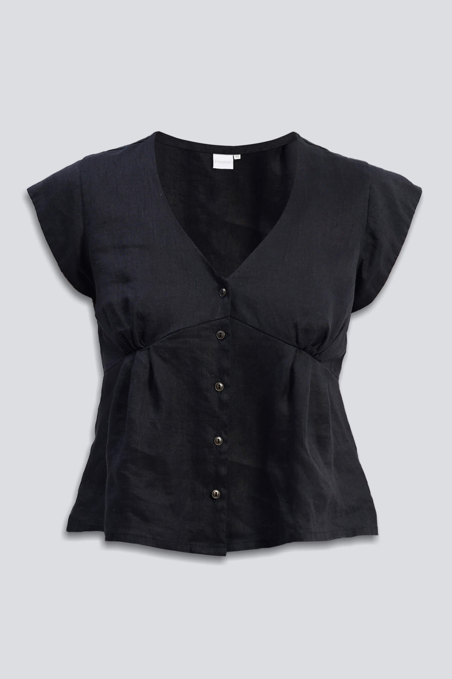 Deep V-neck short top in Black by reistor with cap sleeves, front button detailing, and breathable lightweight linen fabric in a relaxed peplum-style silhouette.