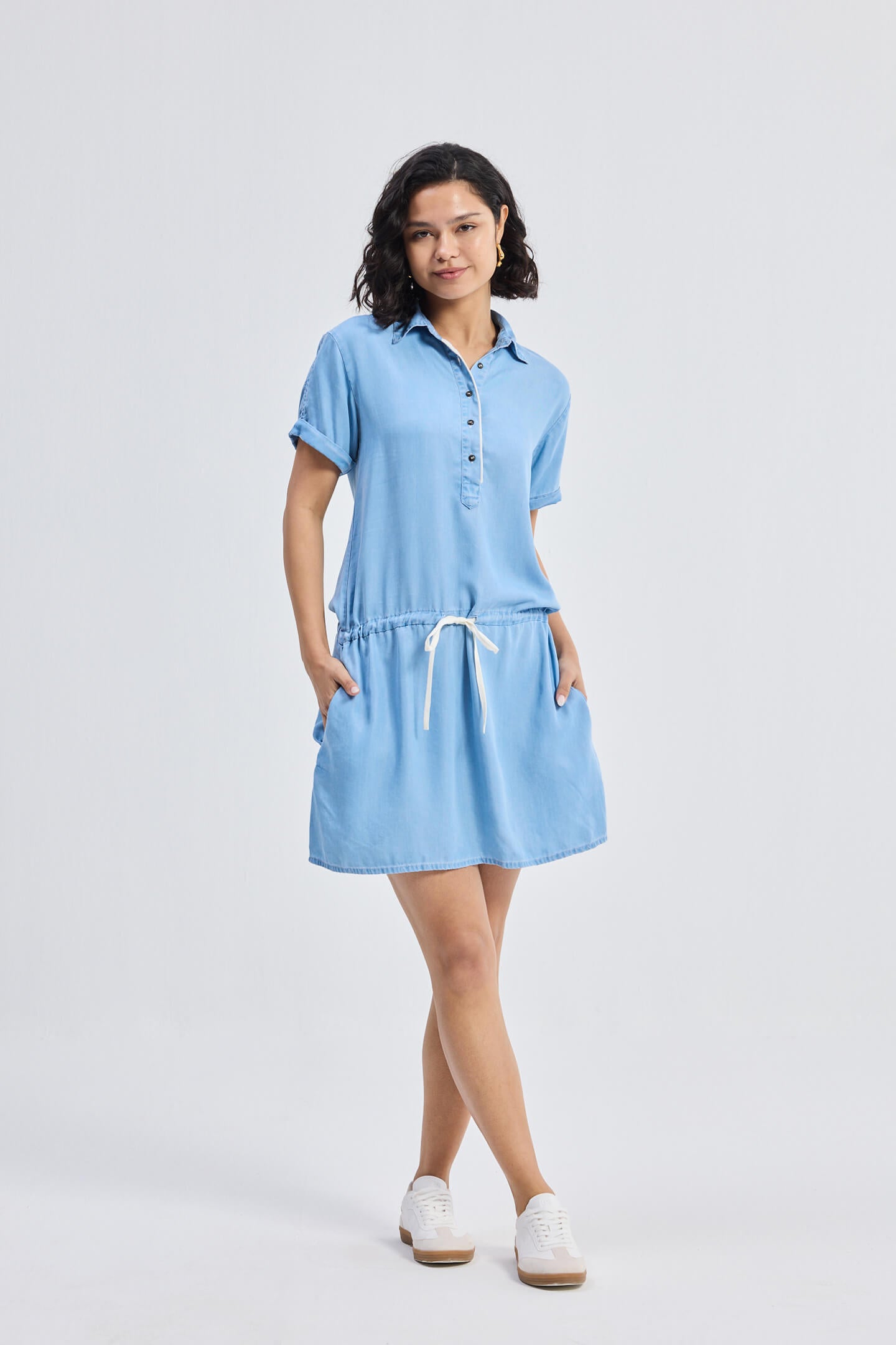 Drawstring Denim Shirt Dress with Front Buttons in Blue Longshot