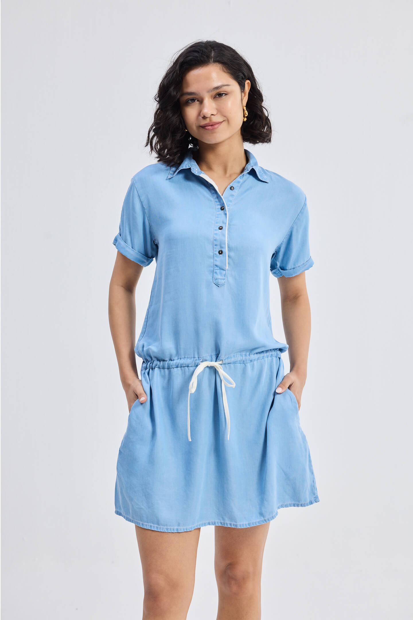 Drawstring Denim Shirt Dress with Front Buttons in Blue Longshot