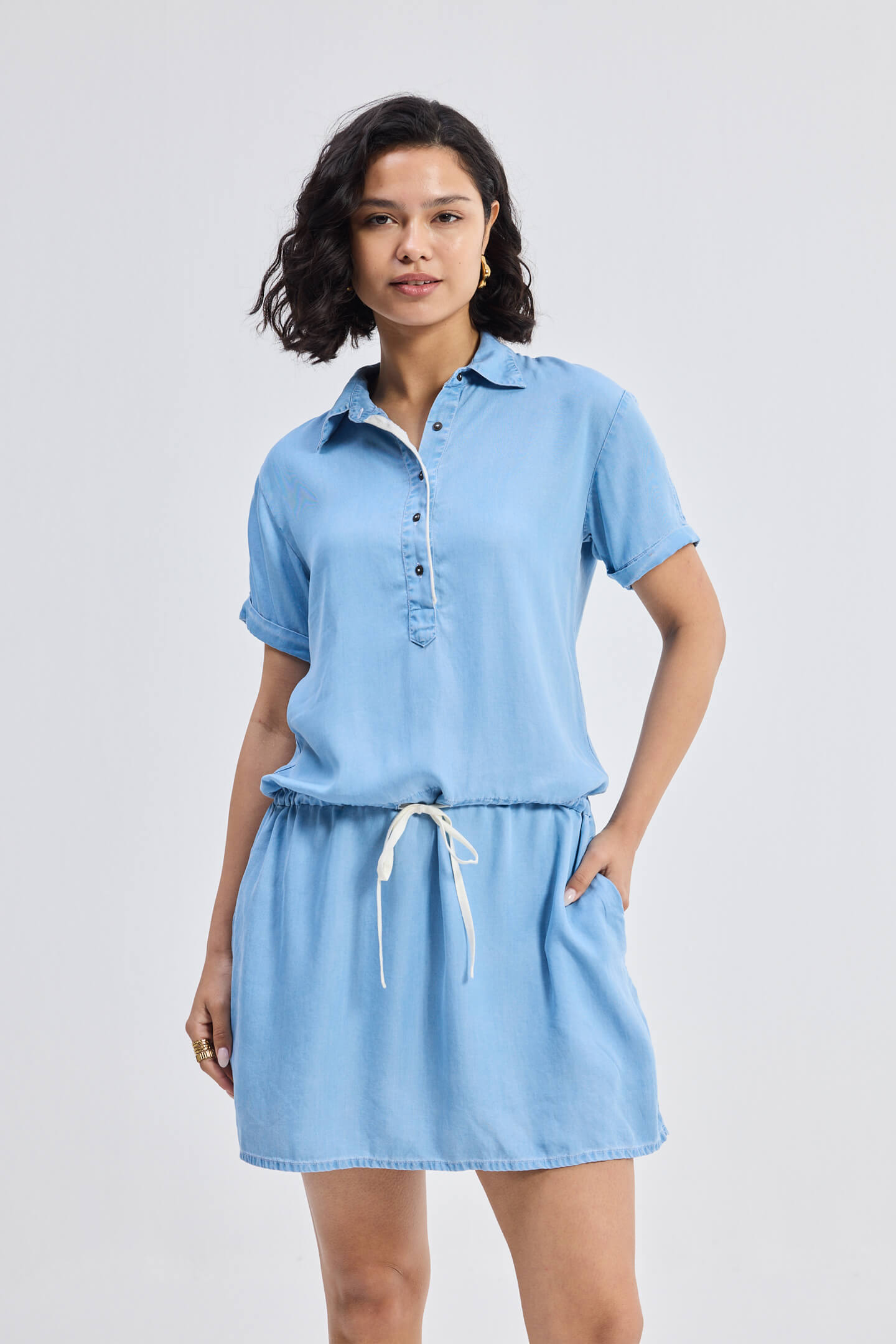 Drawstring Denim Shirt Dress with Front Buttons in Blue Longshot