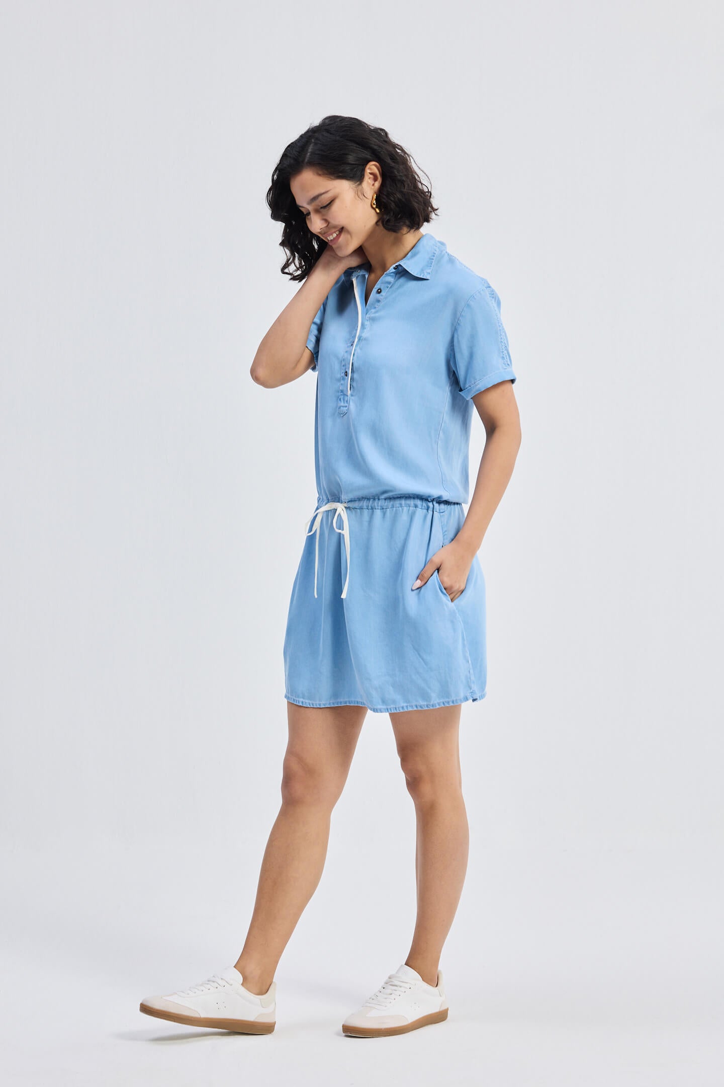 Drawstring Denim Shirt Dress with Front Buttons in Blue Longshot