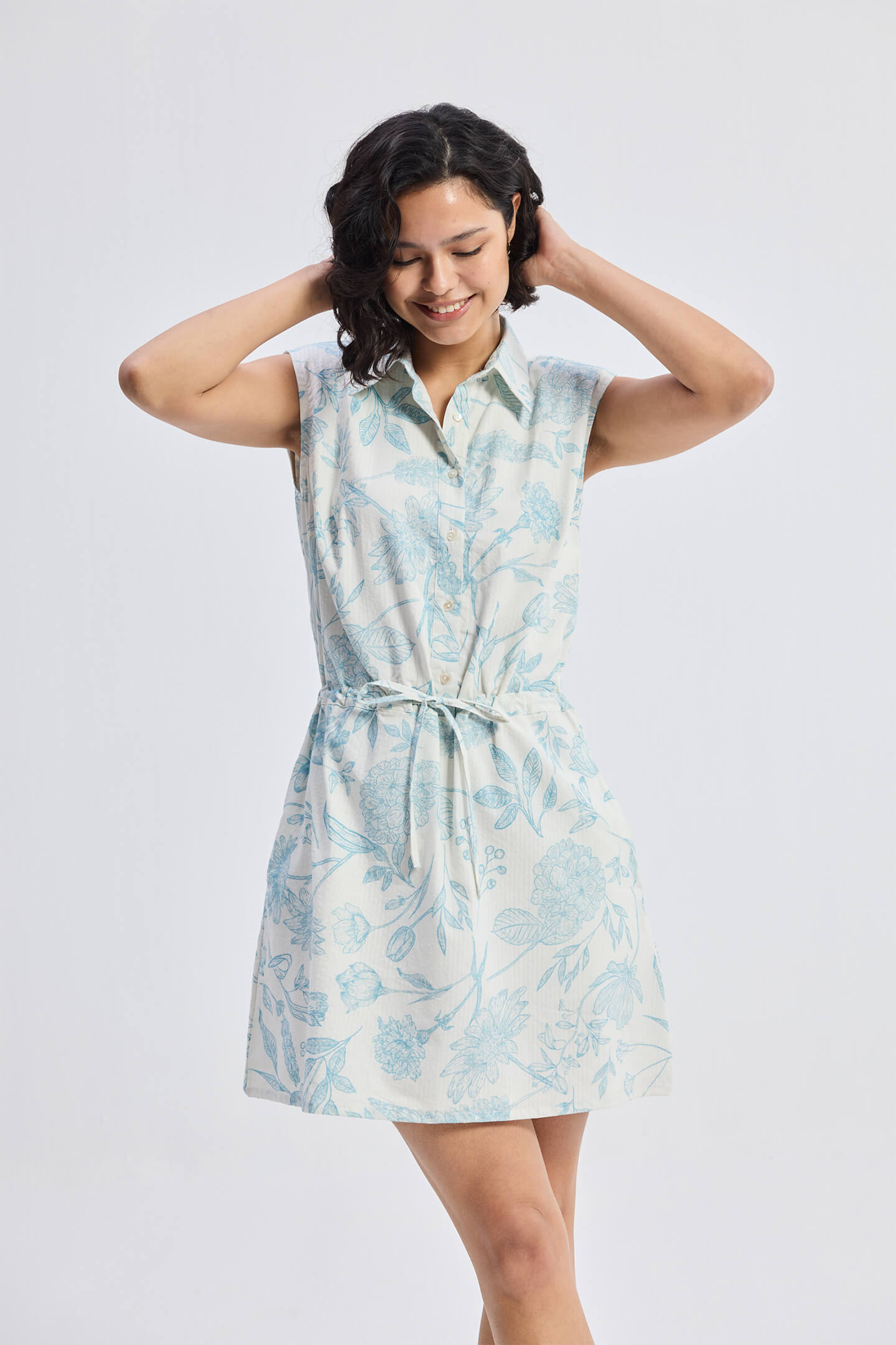Drawstring Shirt Dress in Blue Florals Longshot