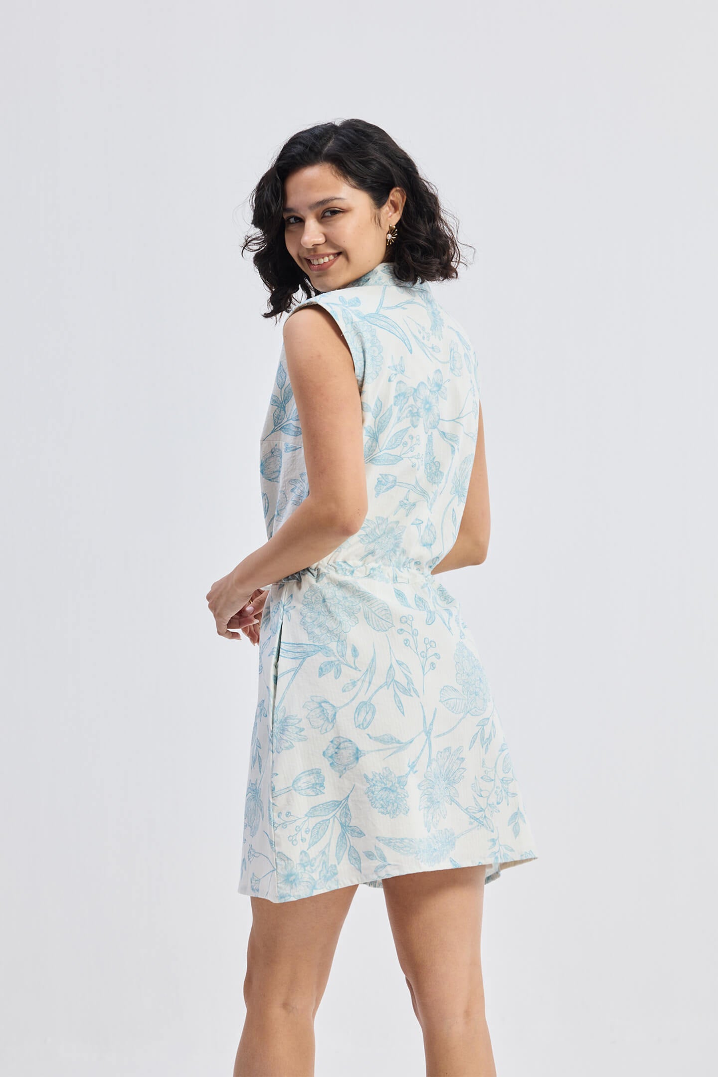 Drawstring Shirt Dress in Blue Florals Longshot