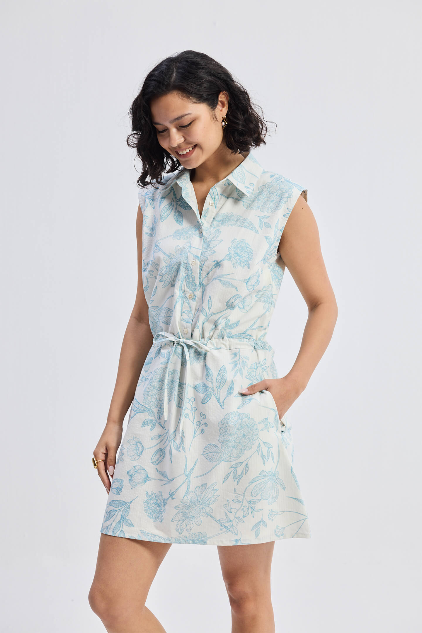 Drawstring Shirt Dress in Blue Florals Longshot