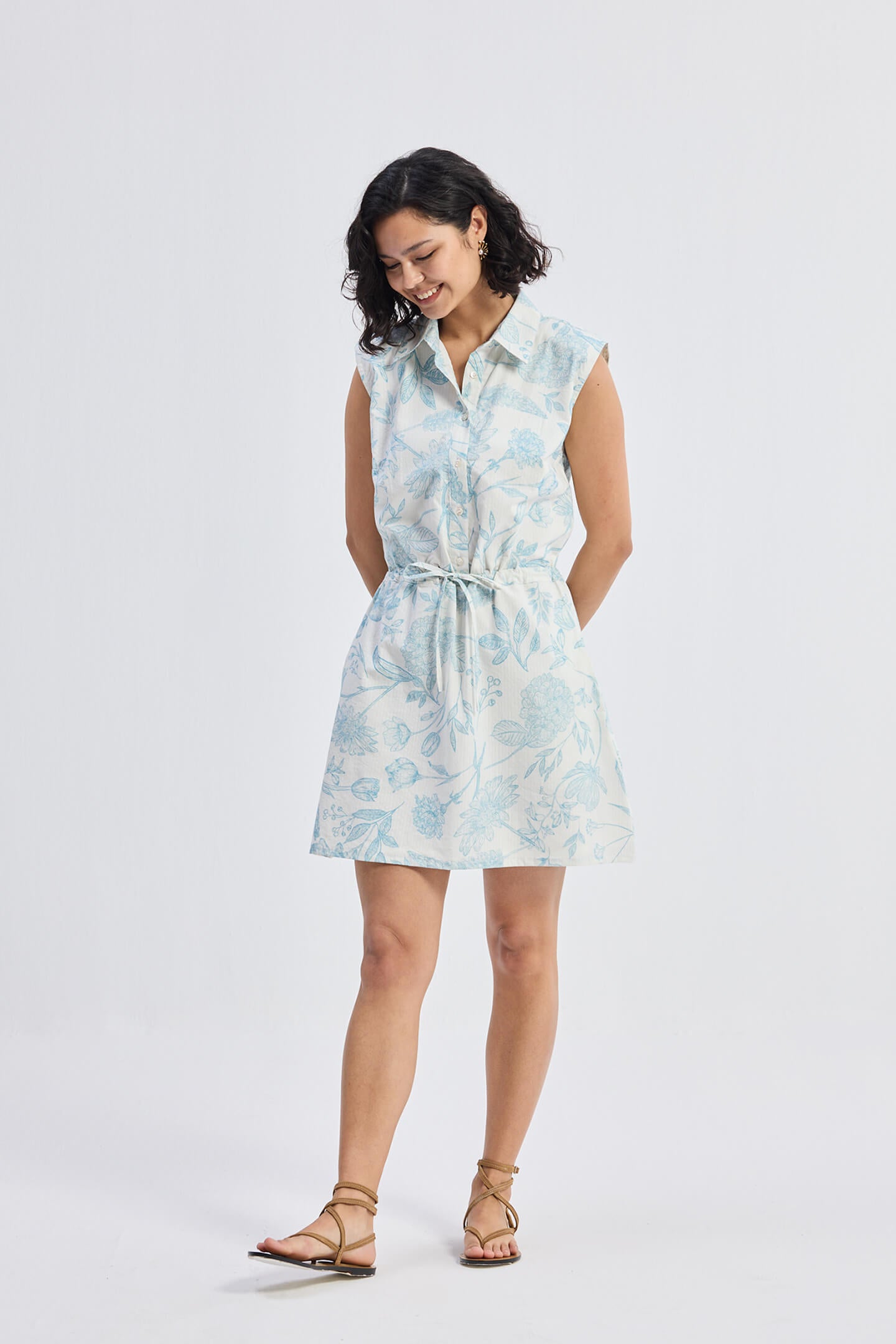Drawstring Shirt Dress in Blue Florals Longshot