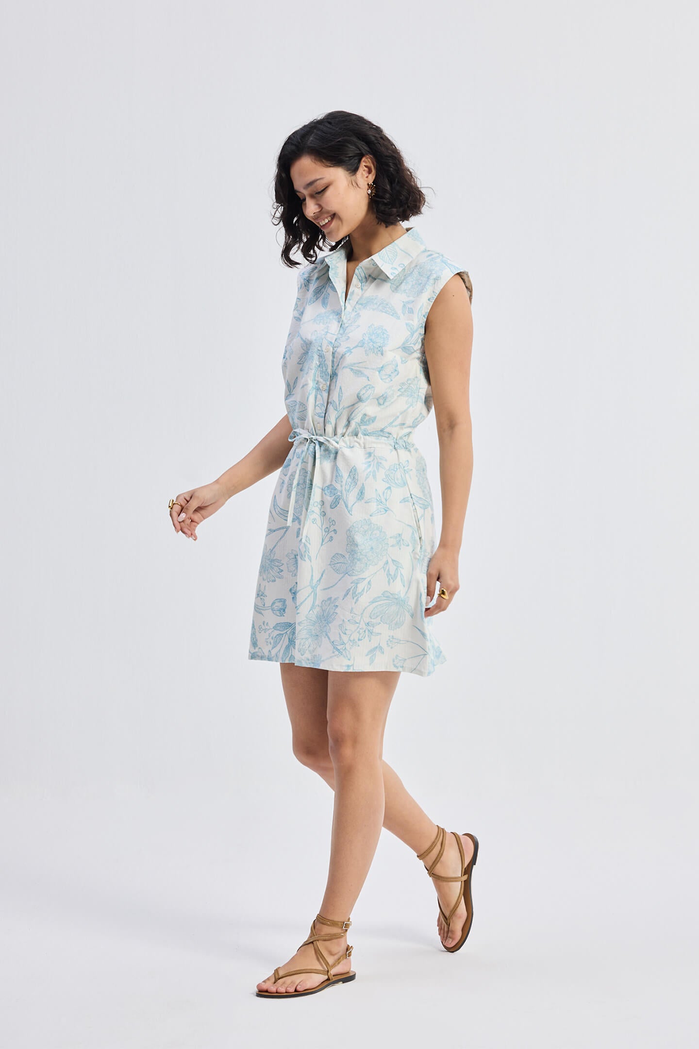 Drawstring Shirt Dress in Blue Florals Longshot