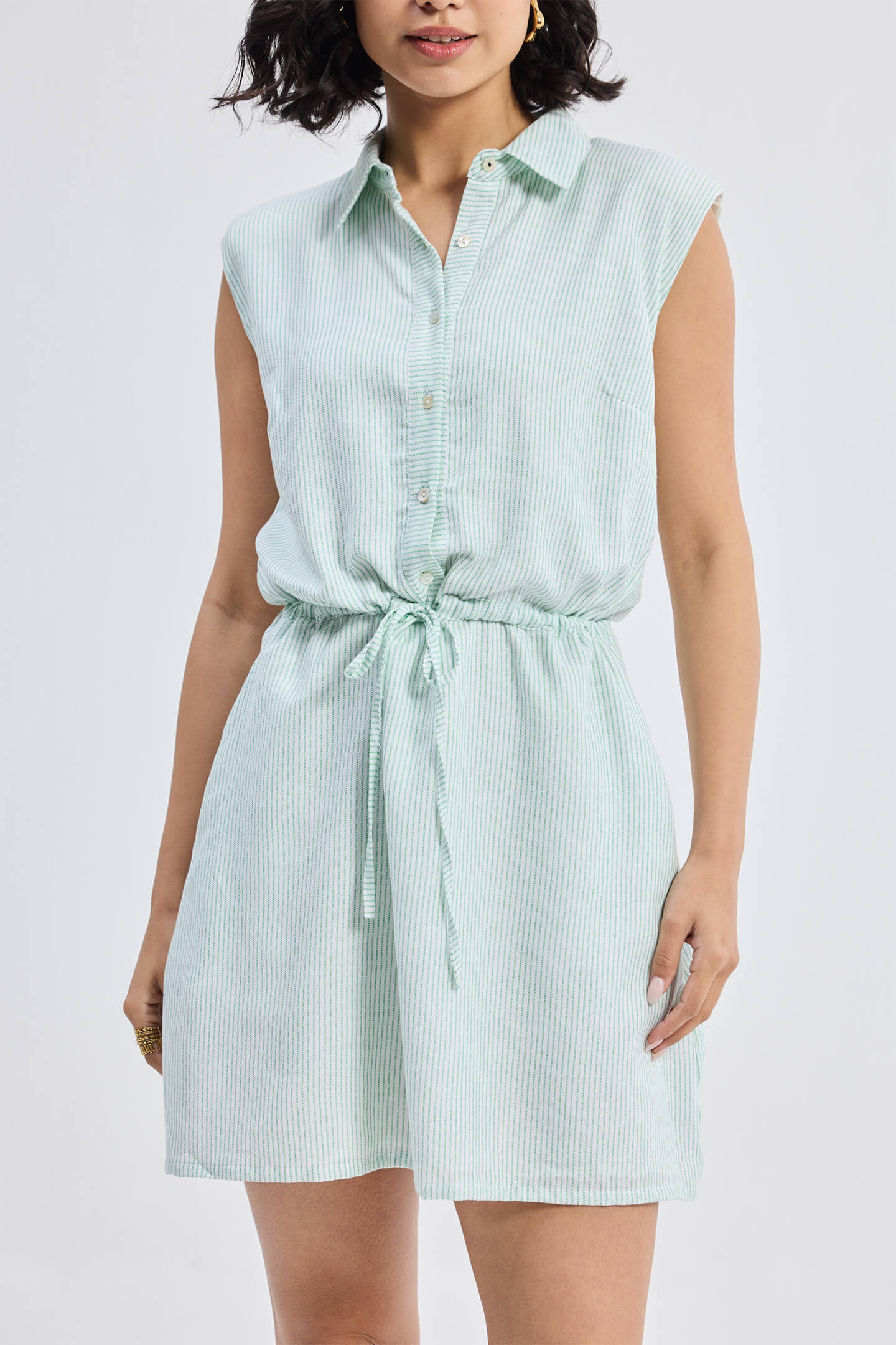 Drawstring Shirt Dress in Stripes Closeup